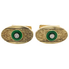 Diamond Accent 18 Karat Yellow Gold Oval Cuff Links with Green Enamel