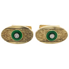 Vintage Diamond Accent 18 Karat Yellow Gold Oval Cuff Links with Green Enamel