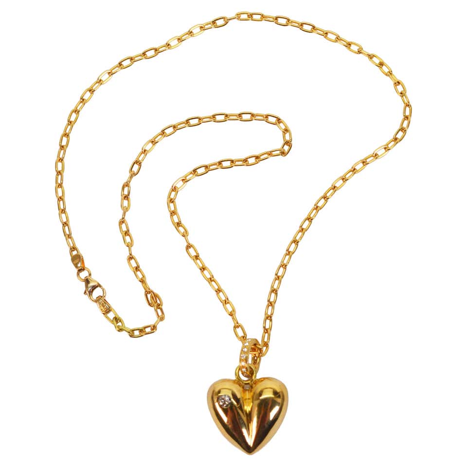 Diamond Heart 18K Yellow Gold Charm Pendant Pearl Necklace For Sale at ...