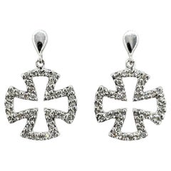 Diamond Accented German Cross Earrings in 14K White Gold