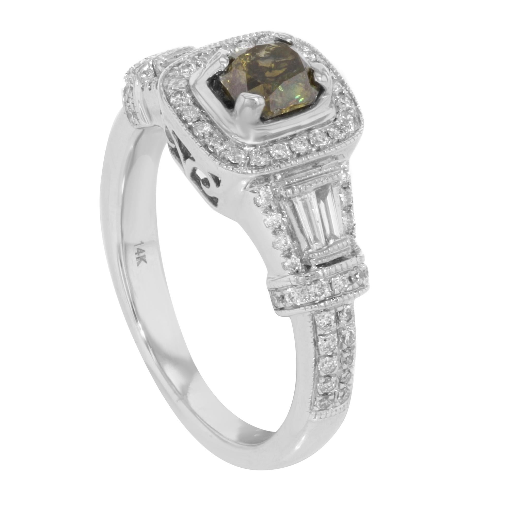 This stunning ring is crafted in 14K white gold and features a center stone: weighing approx. 0.72 cttw,  radiant cut color treated green diamond with accents stones: round cut white diamonds weighing approx. 1.22 cttw. The total diamond weight is