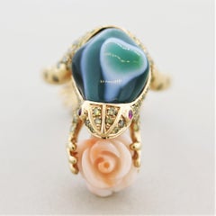 Diamond Agate Coral Flower Gold Frog Ring