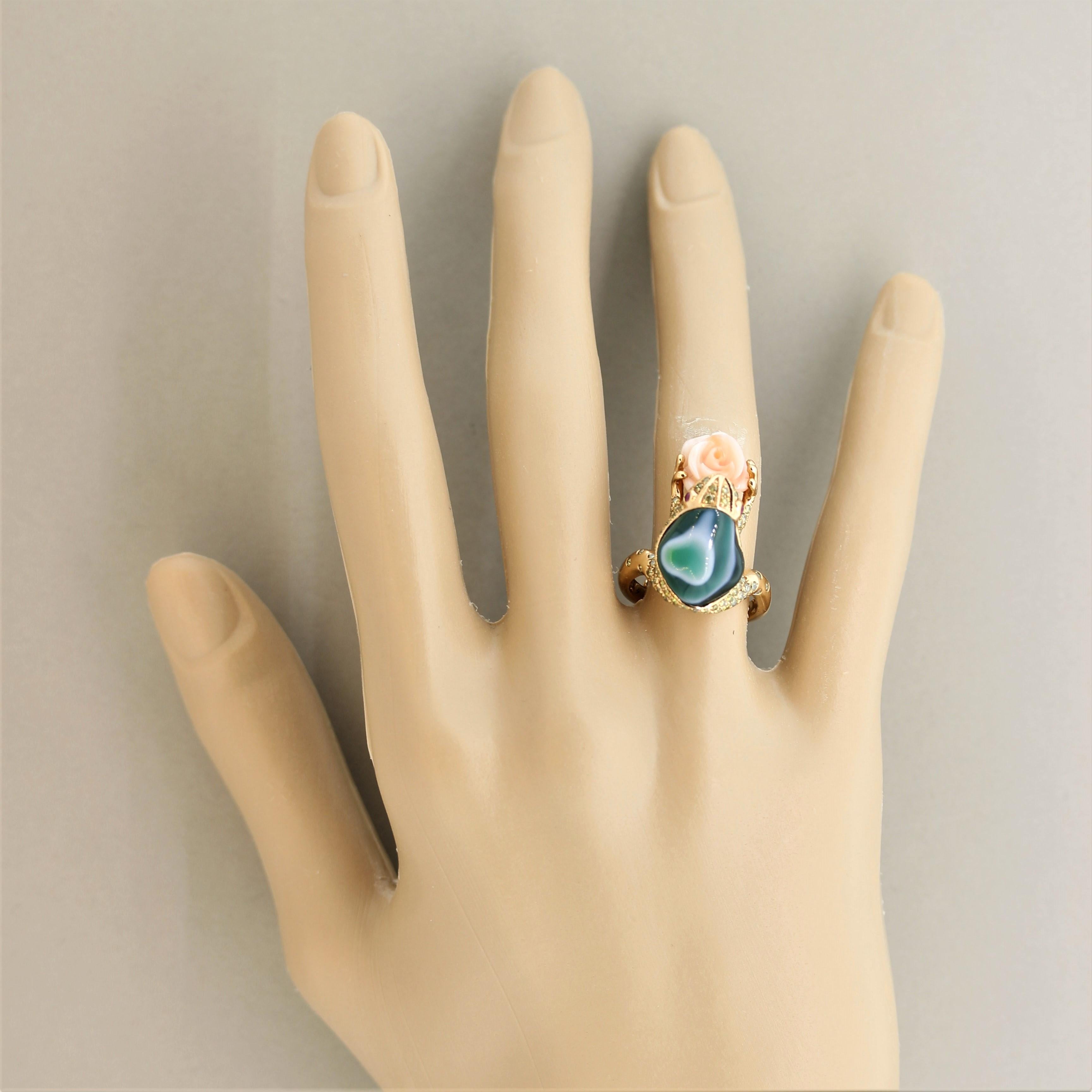 Diamant Achat Koralle Blume Gold Frosch Ring im Zustand „Neu“ in Beverly Hills, CA
