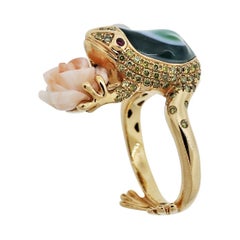 Diamond Agate Coral Flower Gold Frog Ring
