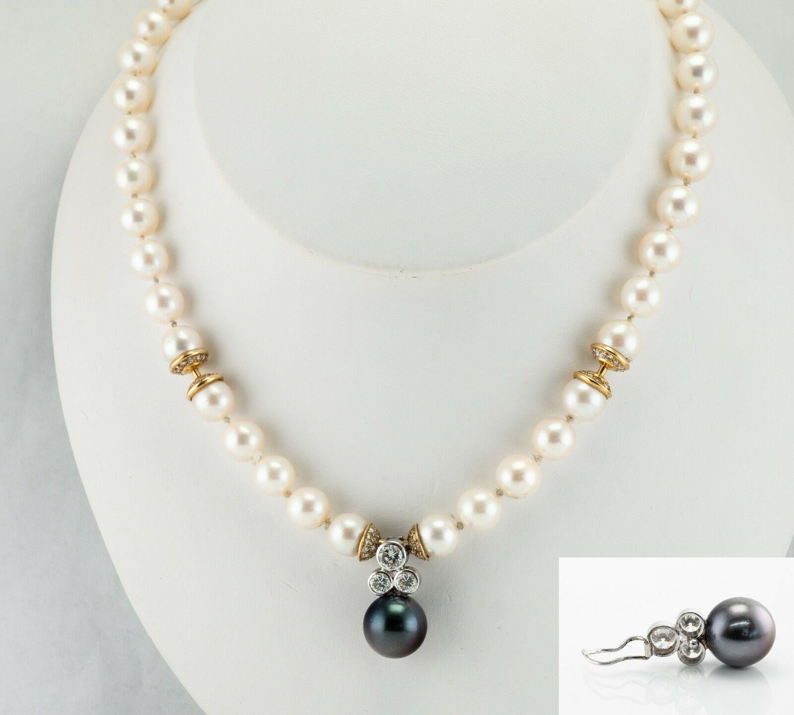 Diamond Akoya & Black Tahitian Pearl Necklace 18K Gold with Enhancer

This gorgeous vintage necklace is made with fine genuine cultured Akoya Pearls, black Tahitian pearl and set in solid 18K Yellow gold for the necklace and 18K White gold for black