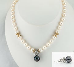 Diamond Akoya & Black Tahitian Pearl Necklace 18K Gold with Enhancer