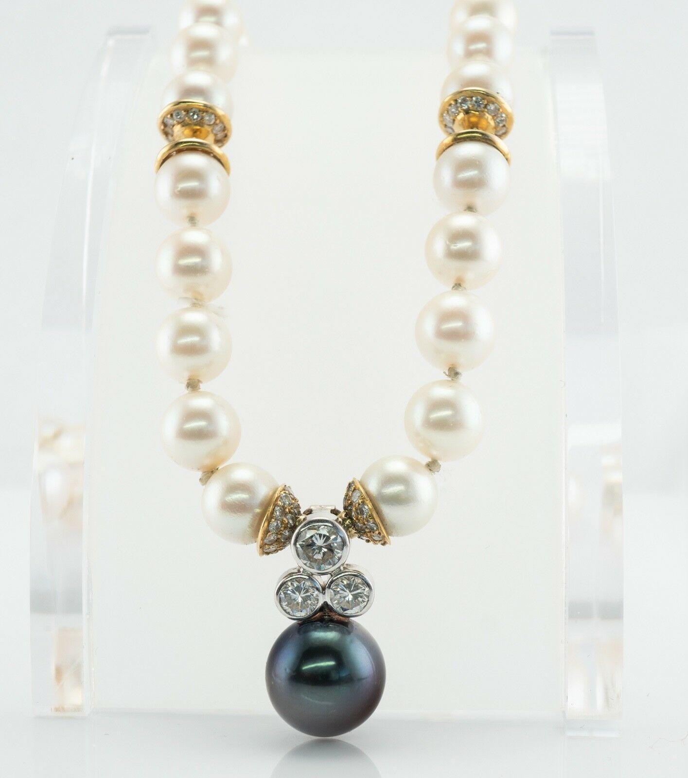 Round Cut Diamond Akoya & Black Tahitian Pearl Necklace 18K Gold with Enhancer For Sale
