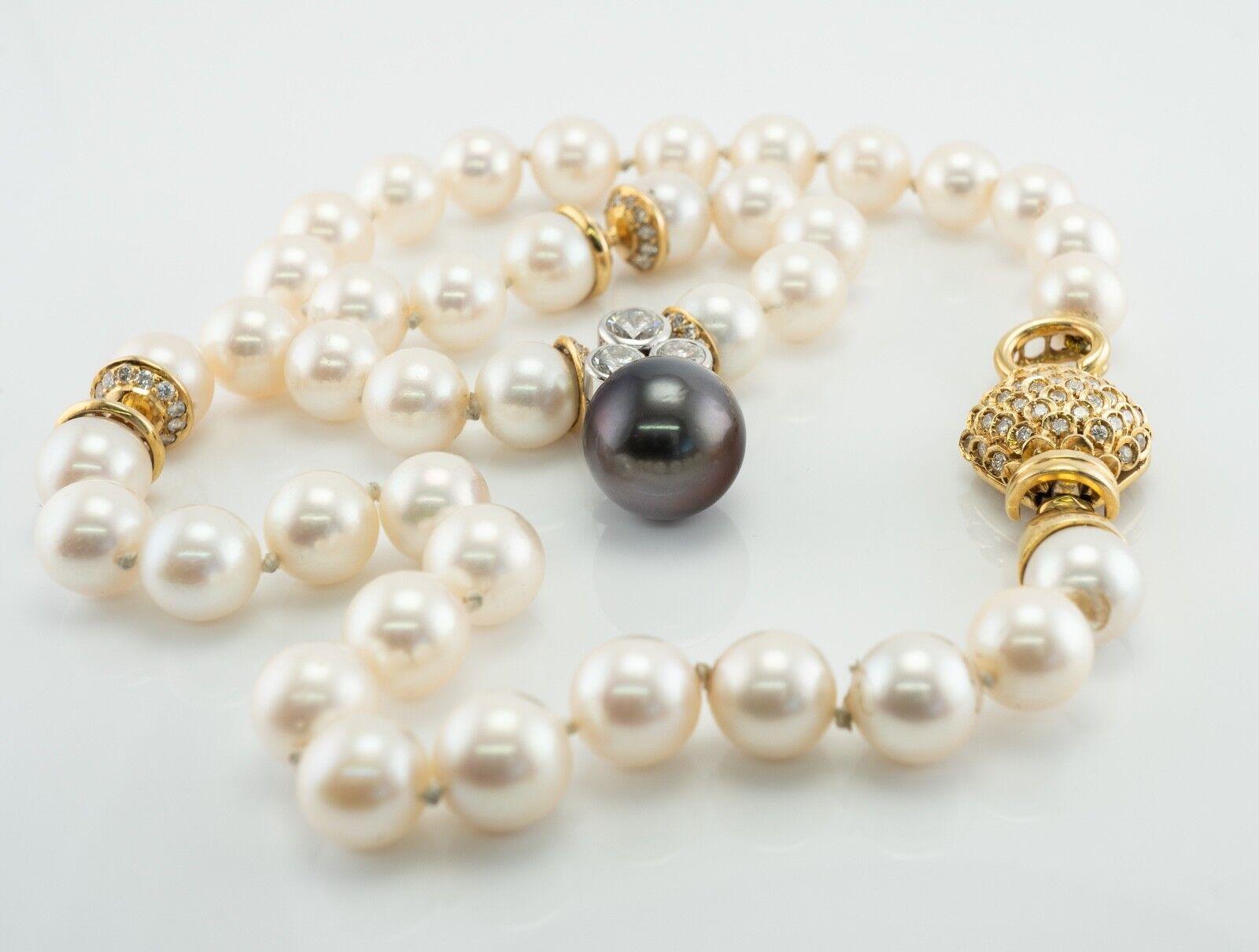 Women's or Men's Diamond Akoya & Black Tahitian Pearl Necklace 18K Gold with Enhancer For Sale
