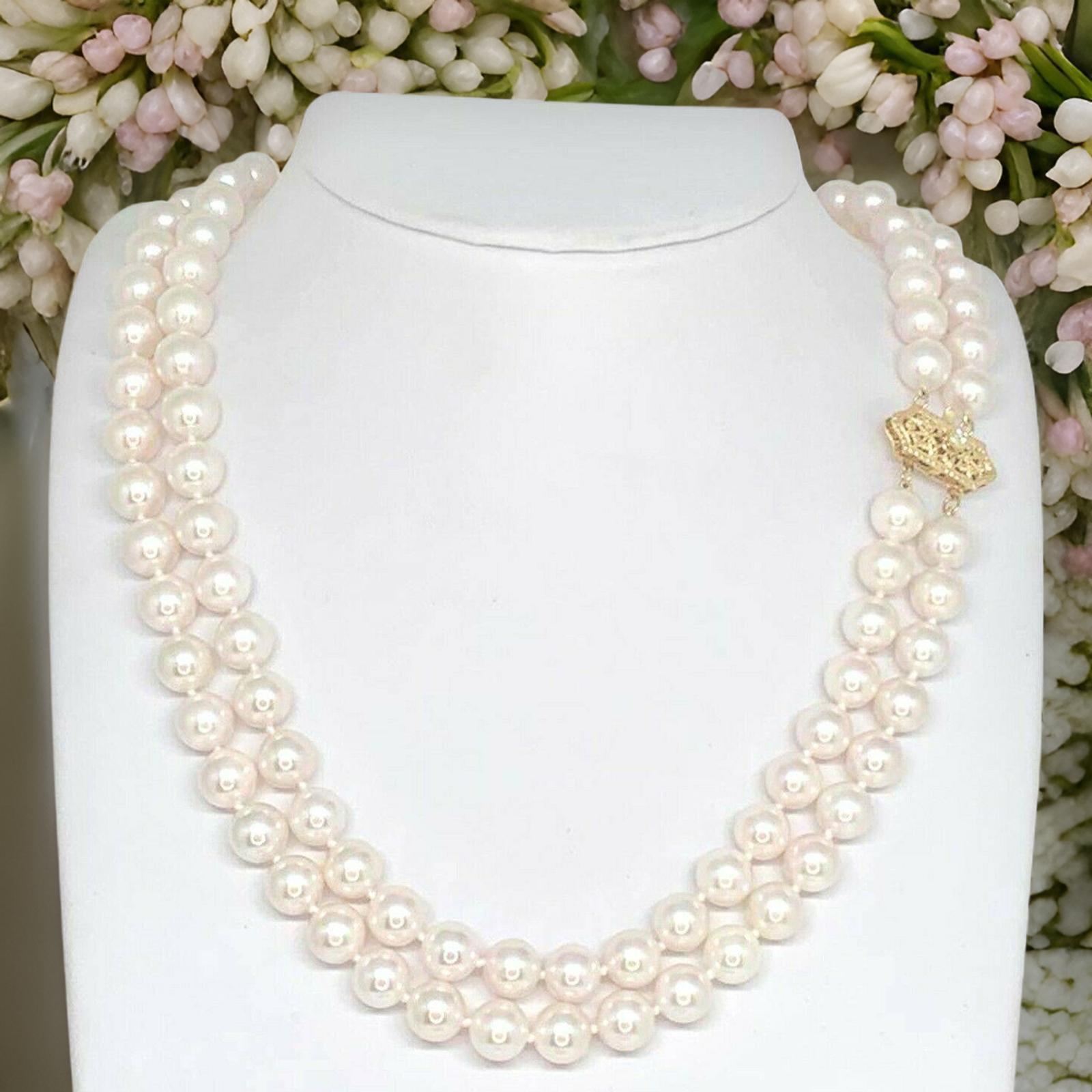Women's Diamond Akoya Pearl 14 Karat 2-Strand Necklace Certified For Sale