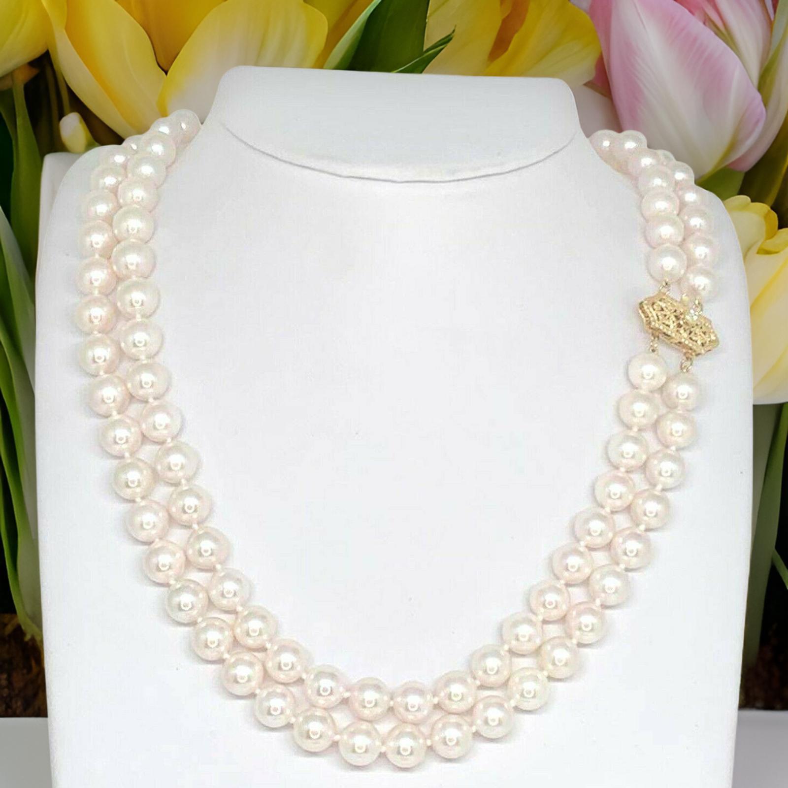 Diamond Akoya Pearl 14 Karat 2-Strand Necklace Certified For Sale 7