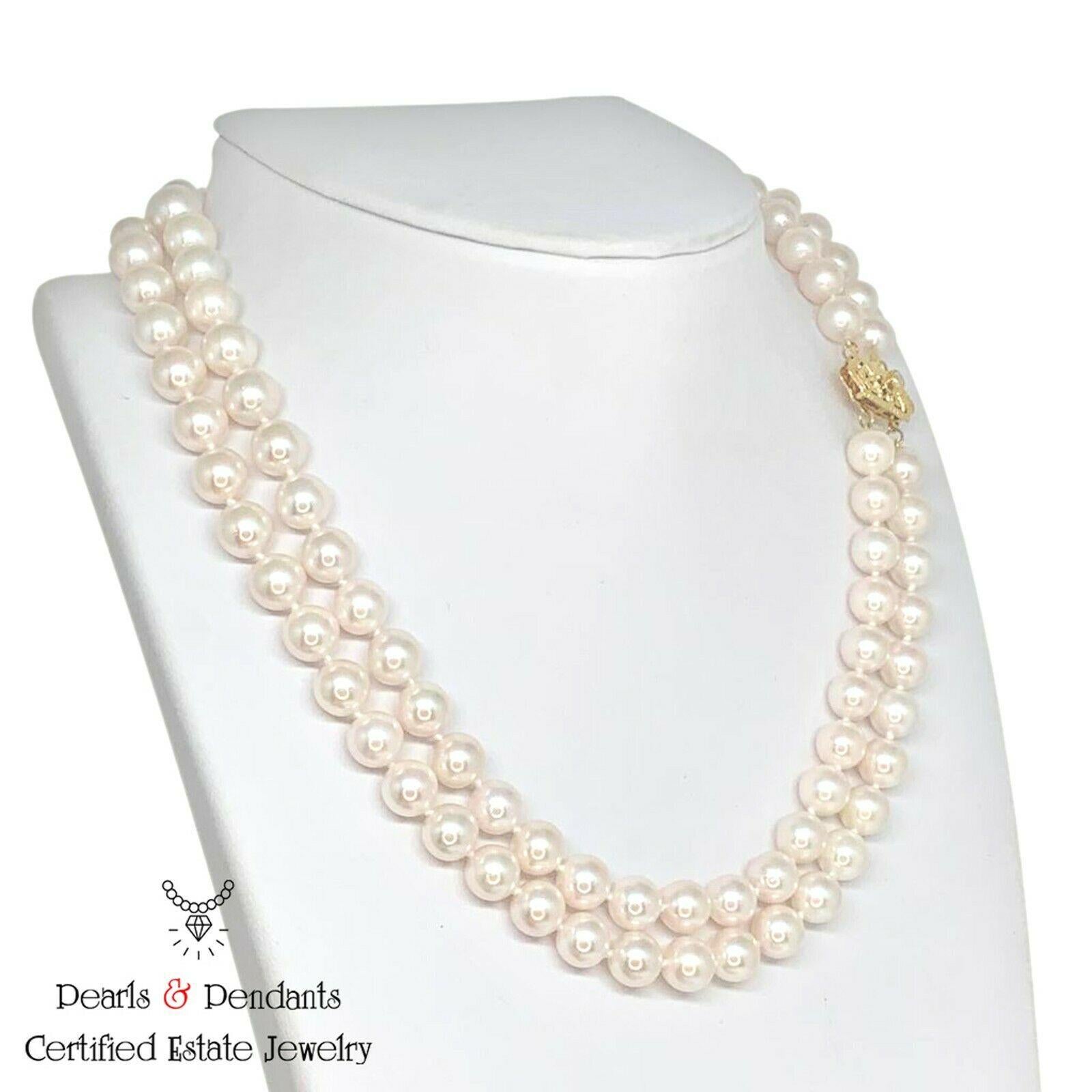Diamant-Diamant- Akoya-Perle 14 Karat 2-reihige Halskette zertifiziert (Moderne) im Angebot