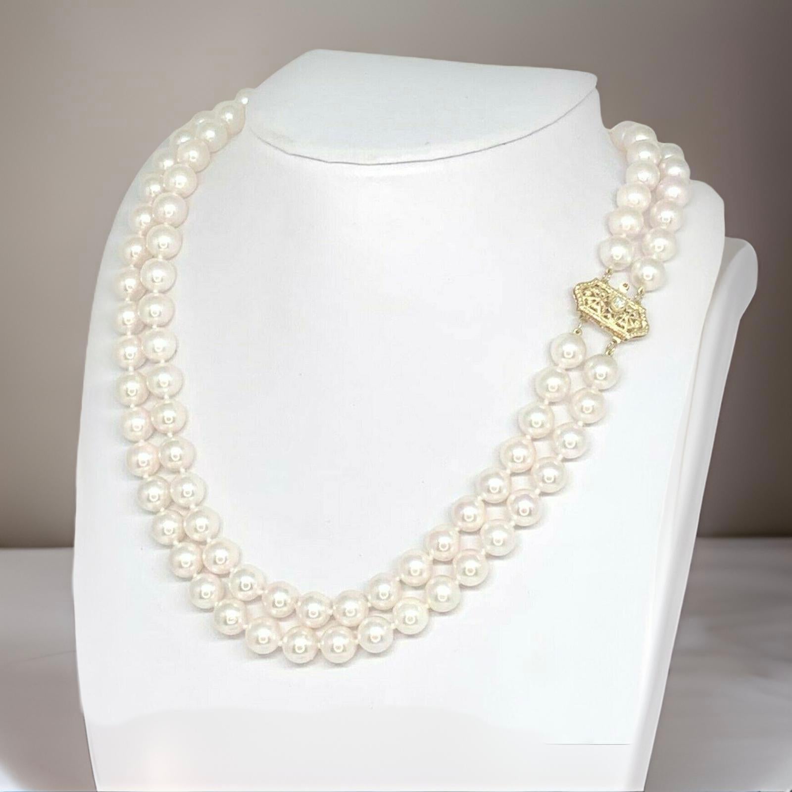 Modern Diamond Akoya Pearl 14 Karat 2-Strand Necklace Certified For Sale