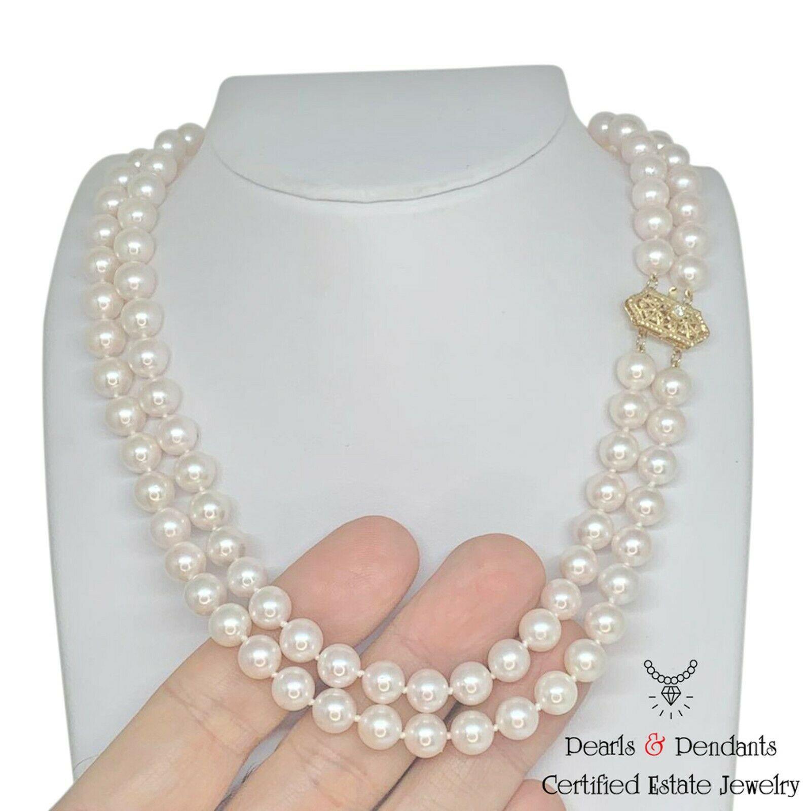 Round Cut Diamond Akoya Pearl 14 Karat 2-Strand Necklace Certified For Sale