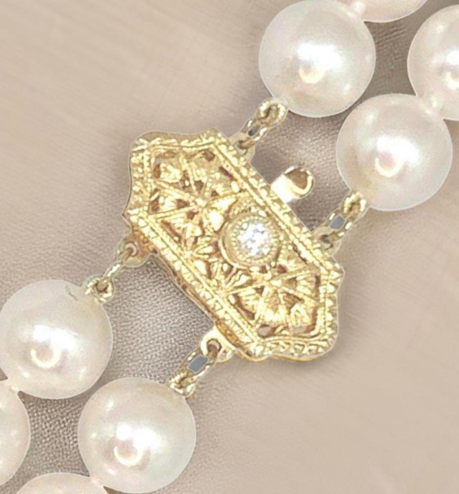 Round Cut Diamond Akoya Pearl 14 Karat 2-Strand Necklace Certified For Sale