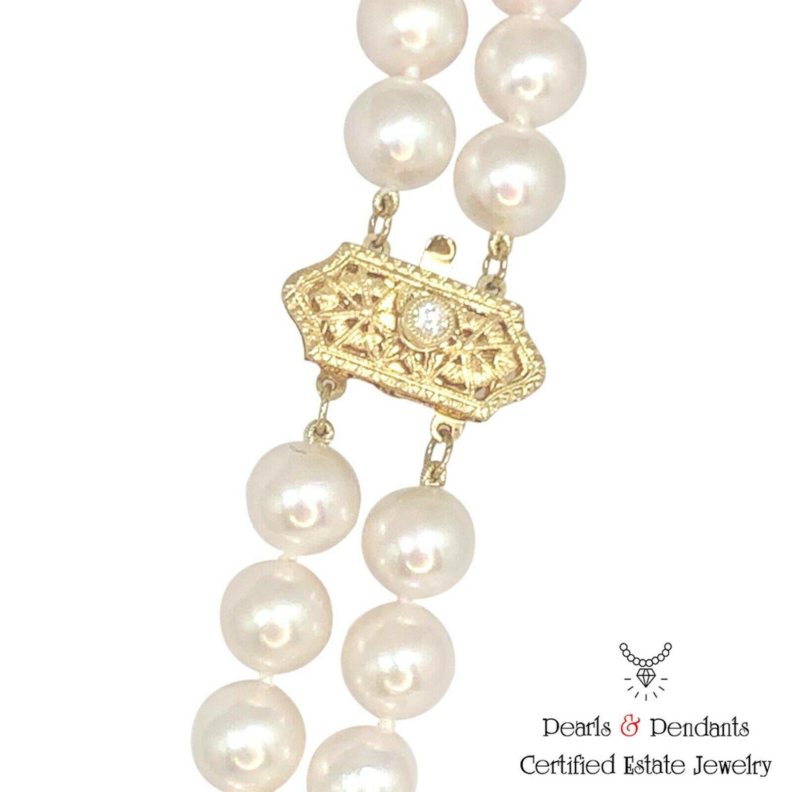 Diamond Akoya Pearl 14 Karat 2-Strand Necklace Certified In New Condition For Sale In Brooklyn, NY