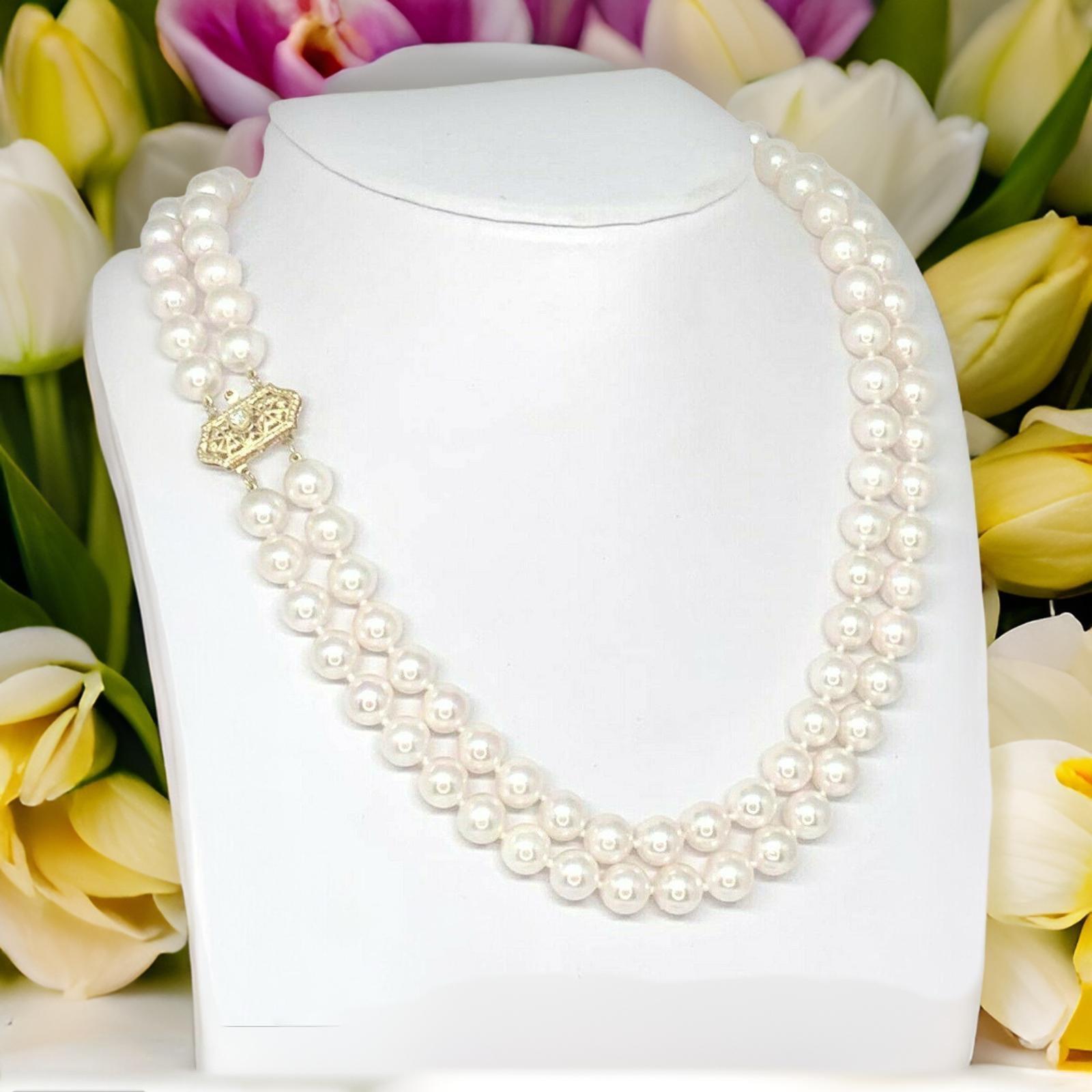 Diamond Akoya Pearl 14 Karat 2-Strand Necklace Certified In New Condition For Sale In Brooklyn, NY