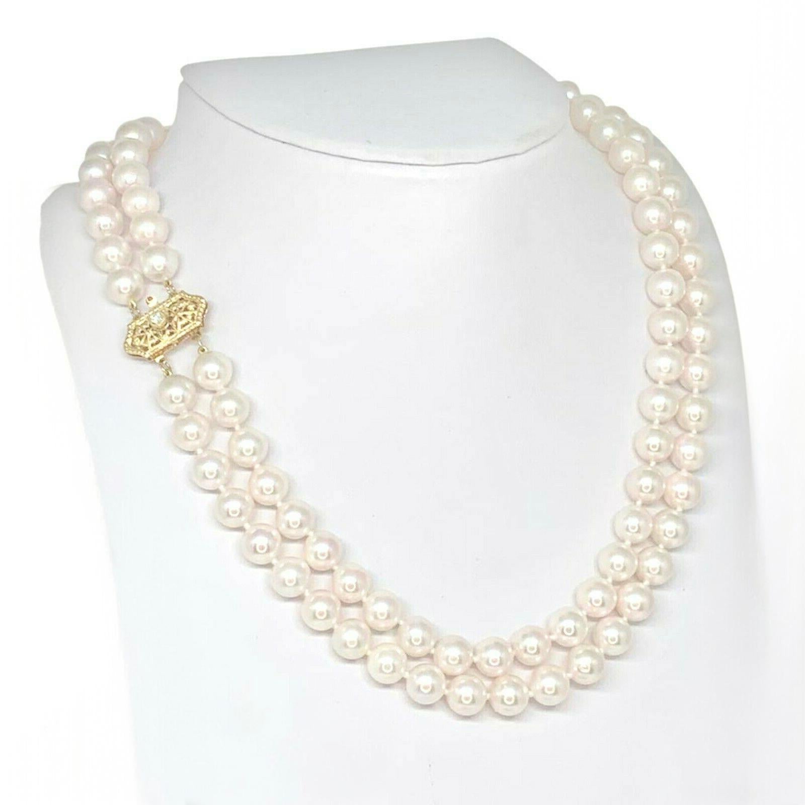 Diamond Akoya Pearl 14 Karat 2-Strand Necklace Certified For Sale 1