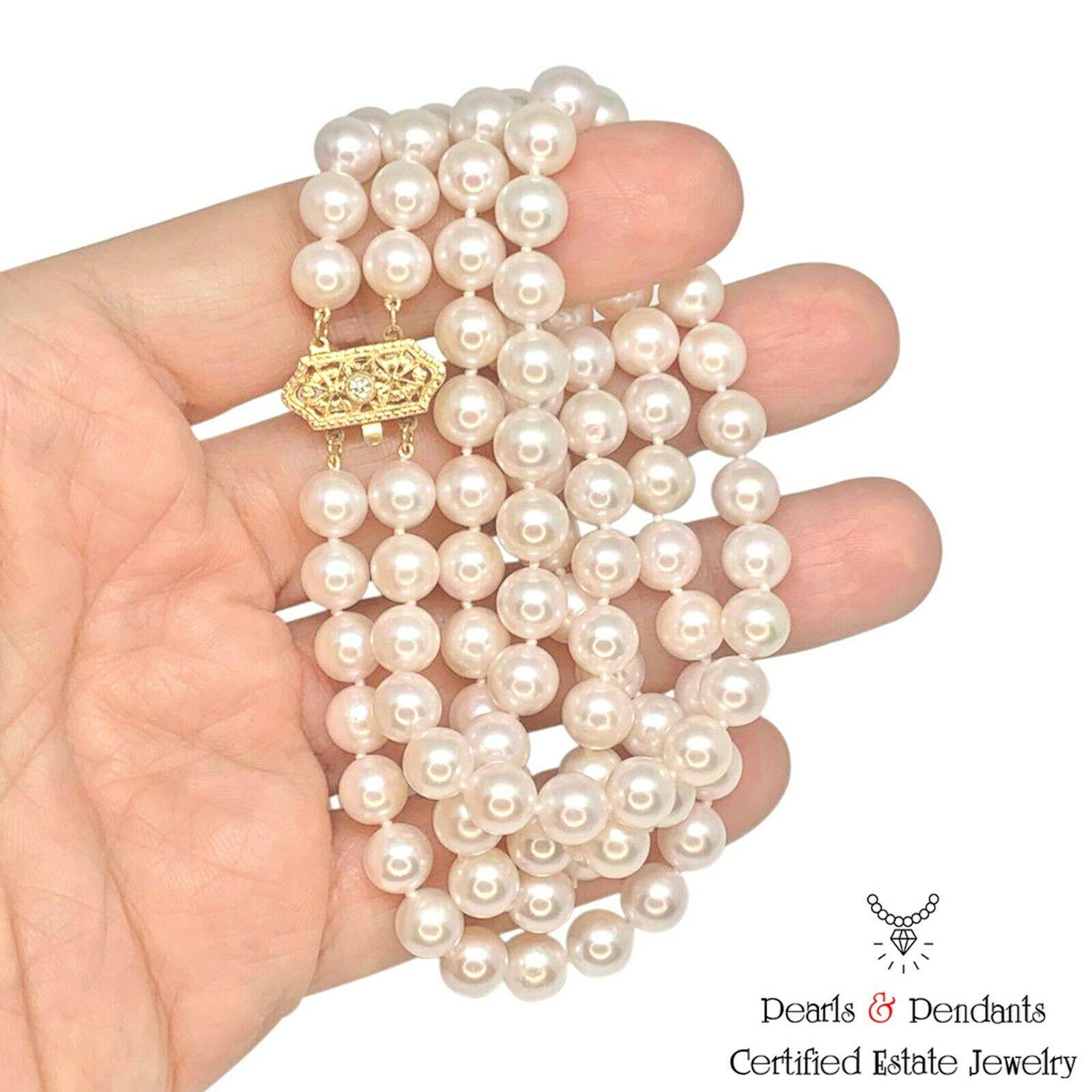 Diamant-Diamant- Akoya-Perle 14 Karat 2-reihige Halskette zertifiziert im Angebot 1