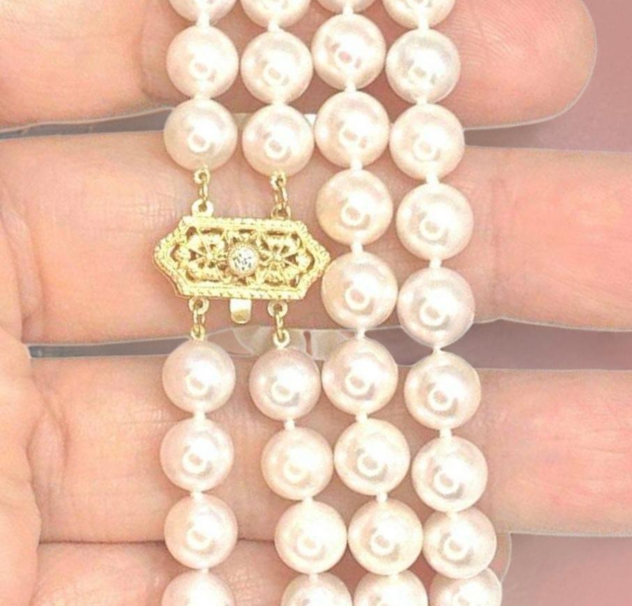 Diamond Akoya Pearl 14 Karat 2-Strand Necklace Certified For Sale 2