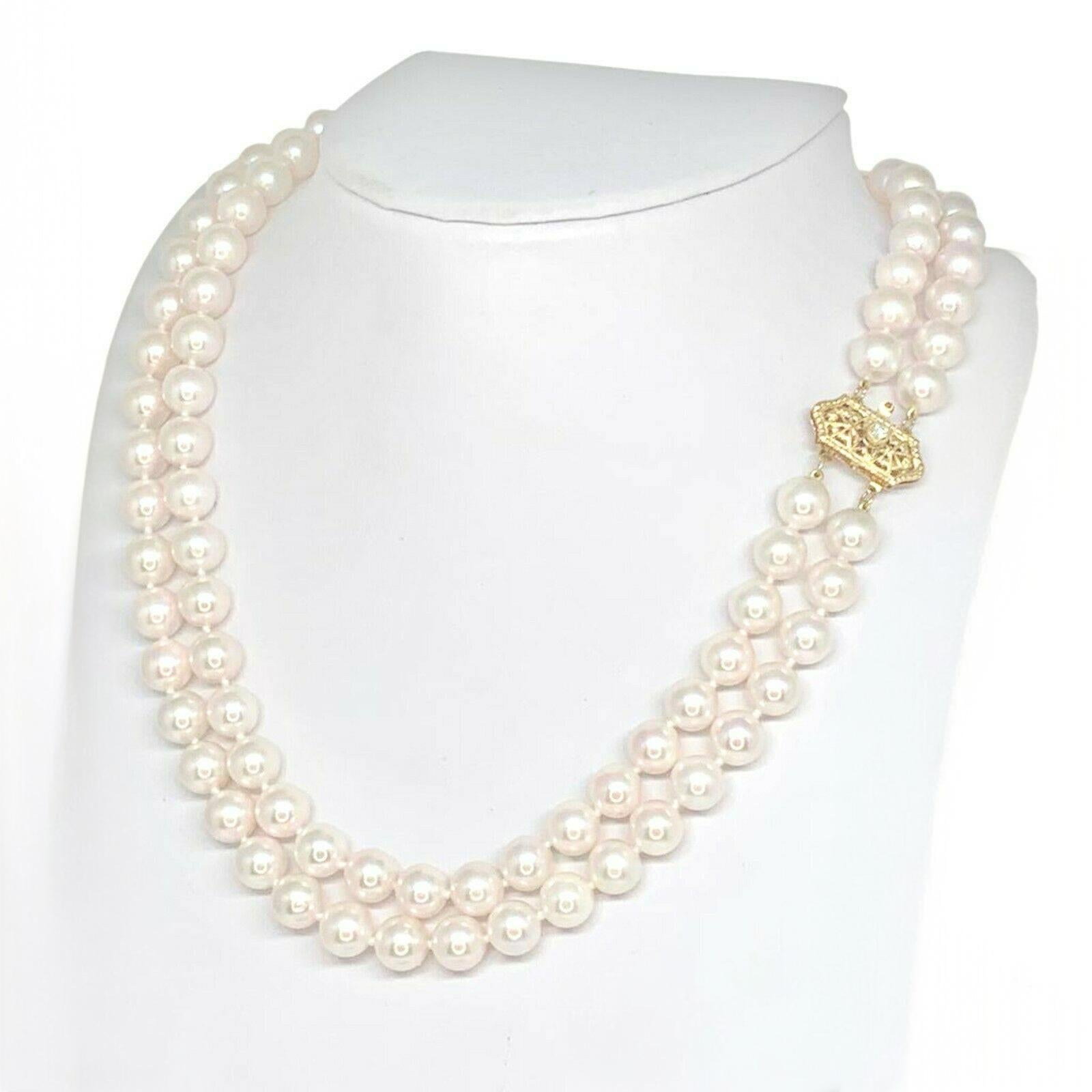 Diamond Akoya Pearl 14 Karat 2-Strand Necklace Certified For Sale 3
