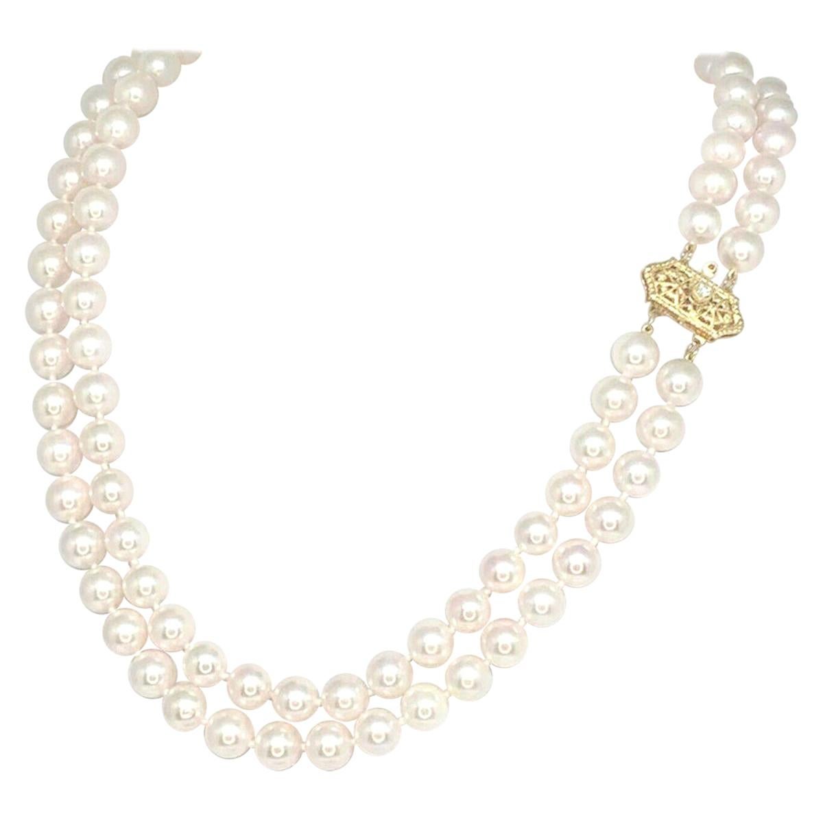 Diamant-Diamant- Akoya-Perle 14 Karat 2-reihige Halskette zertifiziert im Angebot