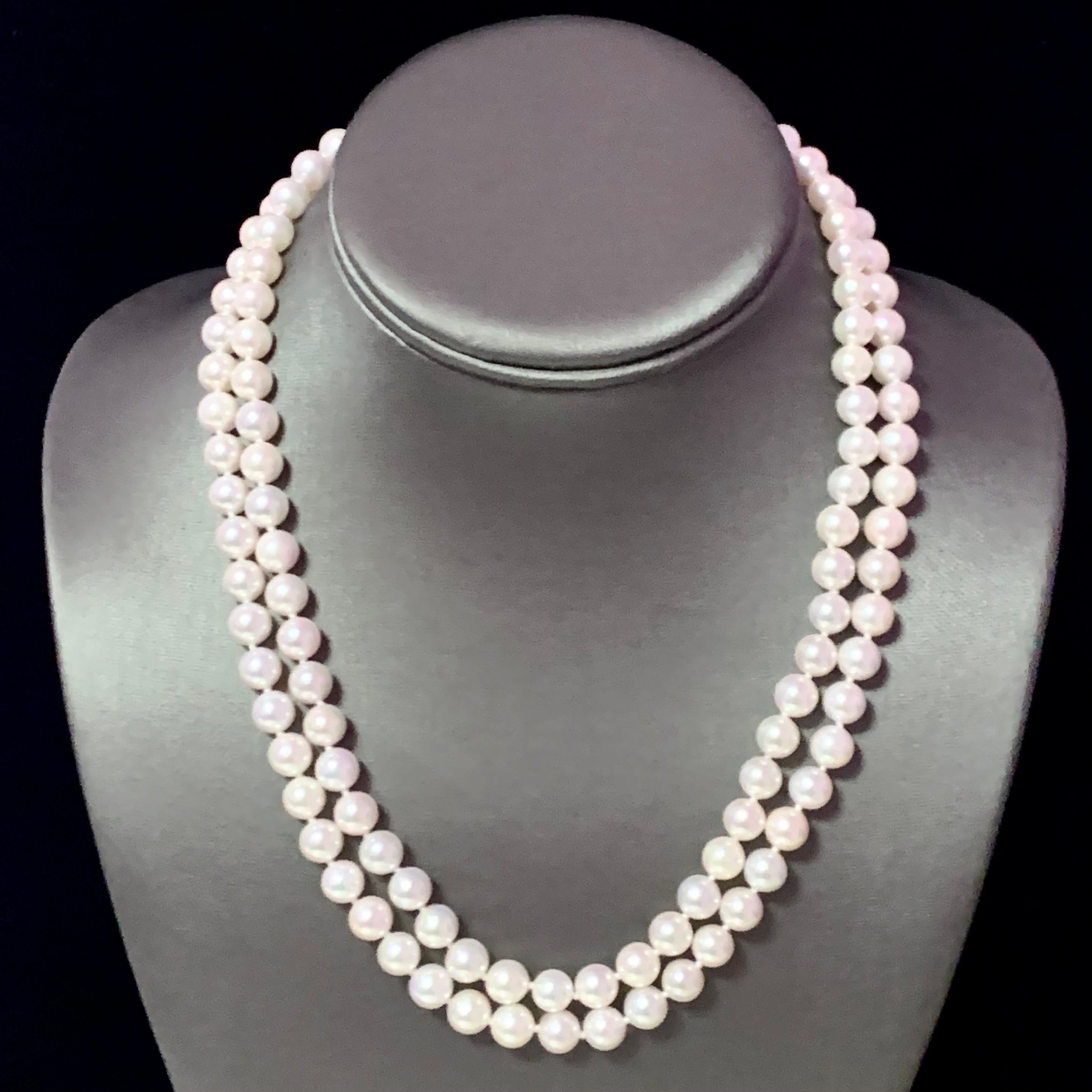 Diamond Akoya Pearl 2-Strand Necklace 14k Gold Certified For Sale 2