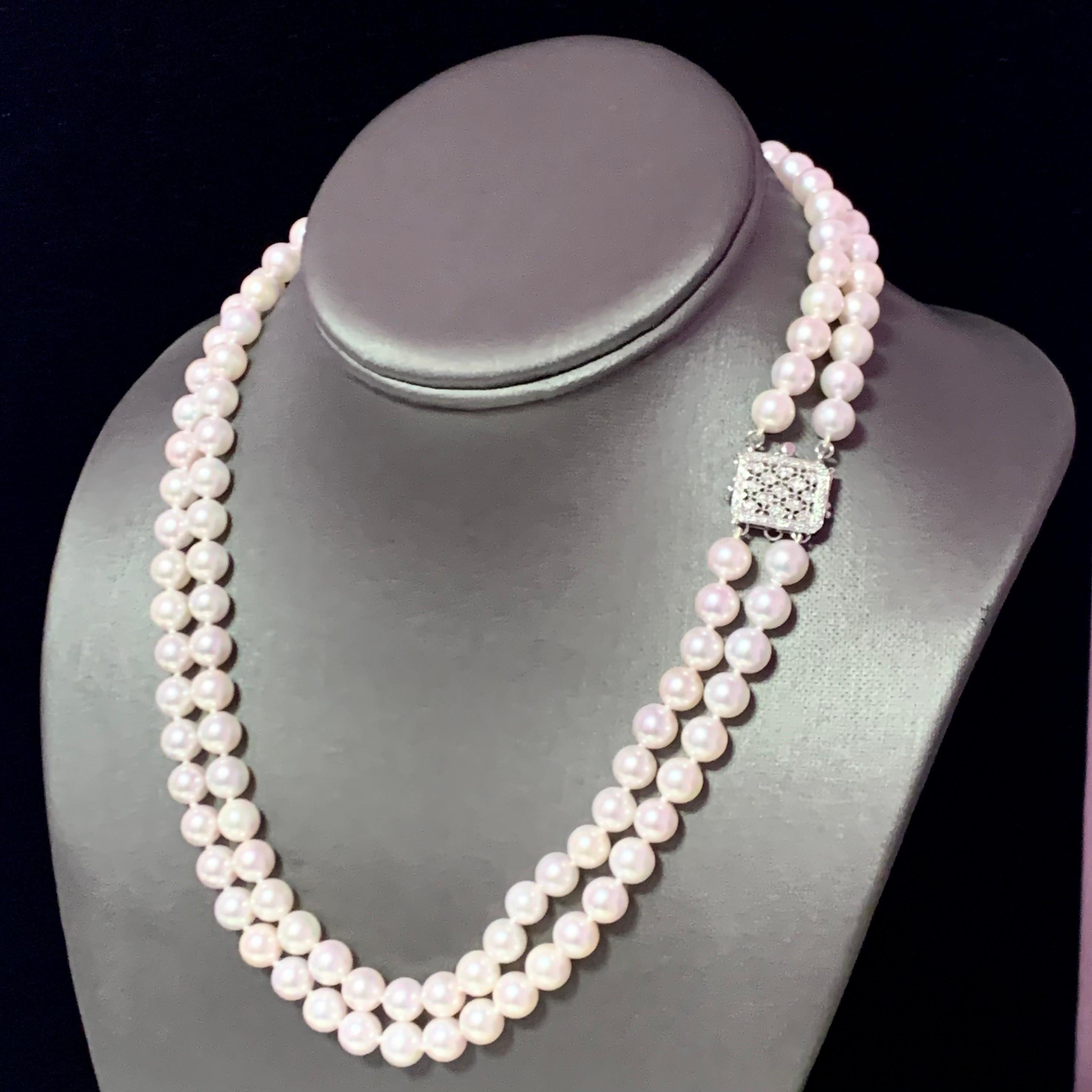 Diamond Akoya Pearl 2-Strand Necklace 14k Gold Certified In New Condition For Sale In Brooklyn, NY