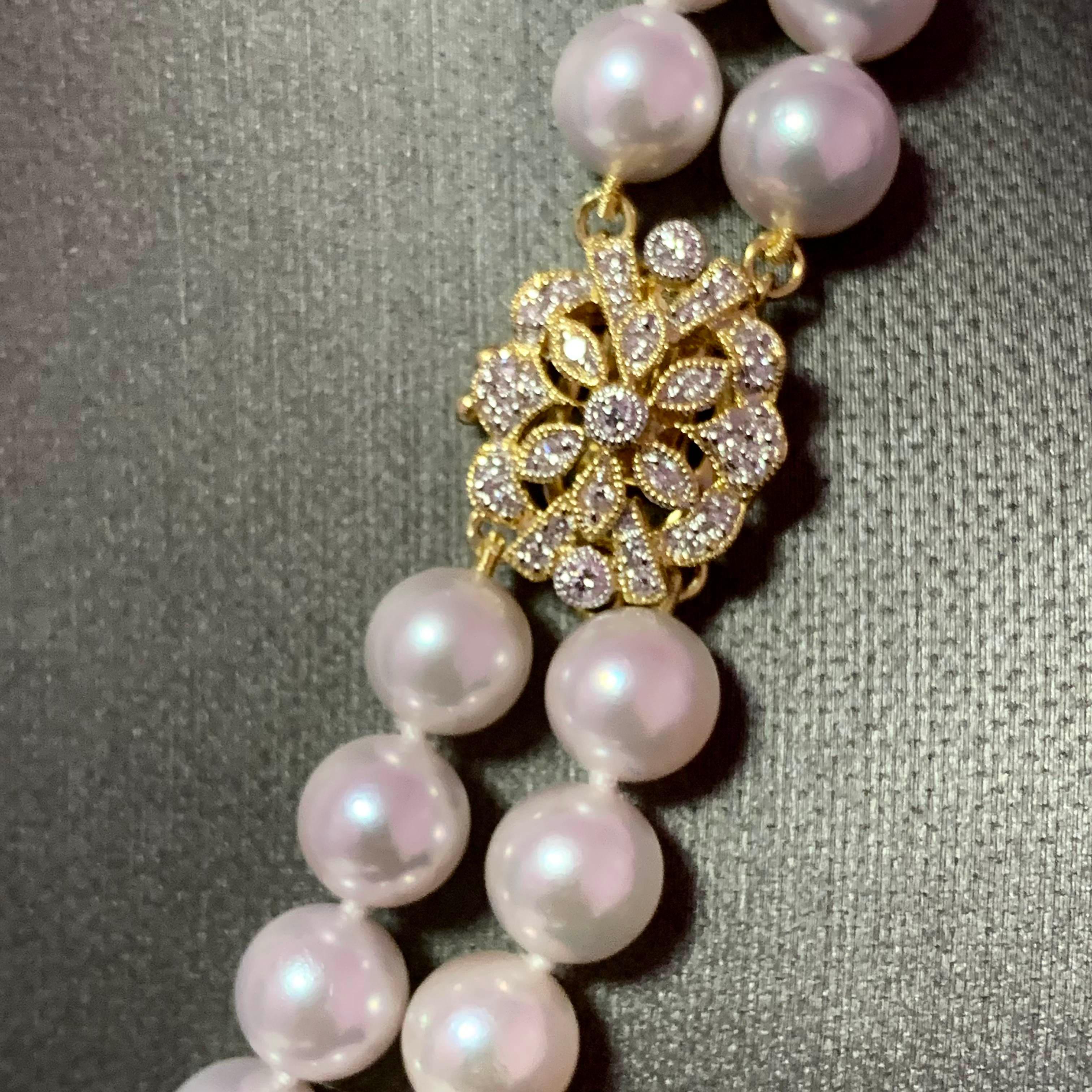 Diamant-Diamant- Akoya-Perle 2-Strand-Halskette 14k Gold 7,5 mm zertifiziert (Rundschliff) im Angebot