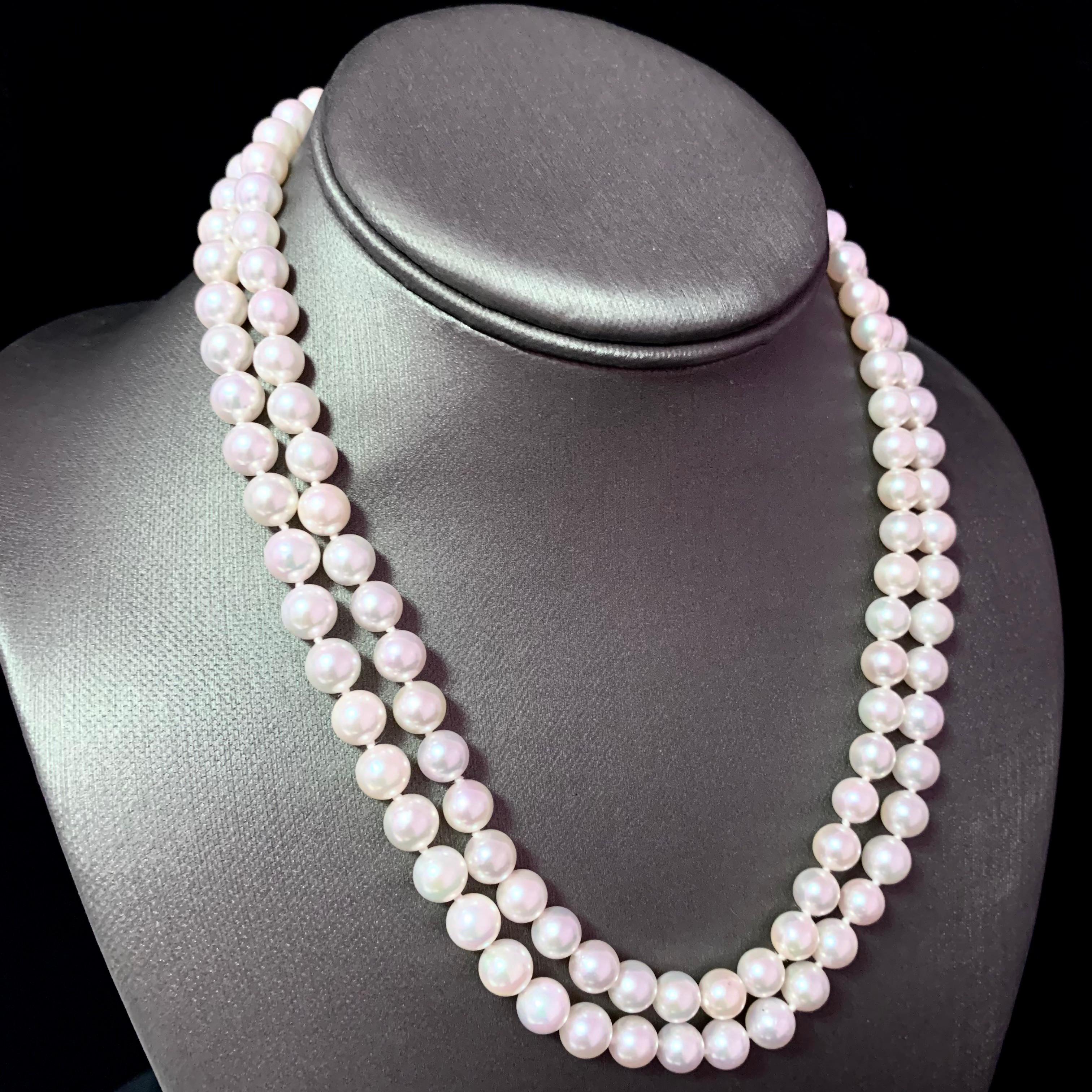 Diamant-Diamant- Akoya-Perle 2-Strand-Halskette 14k Gold 7,5 mm zertifiziert Damen im Angebot