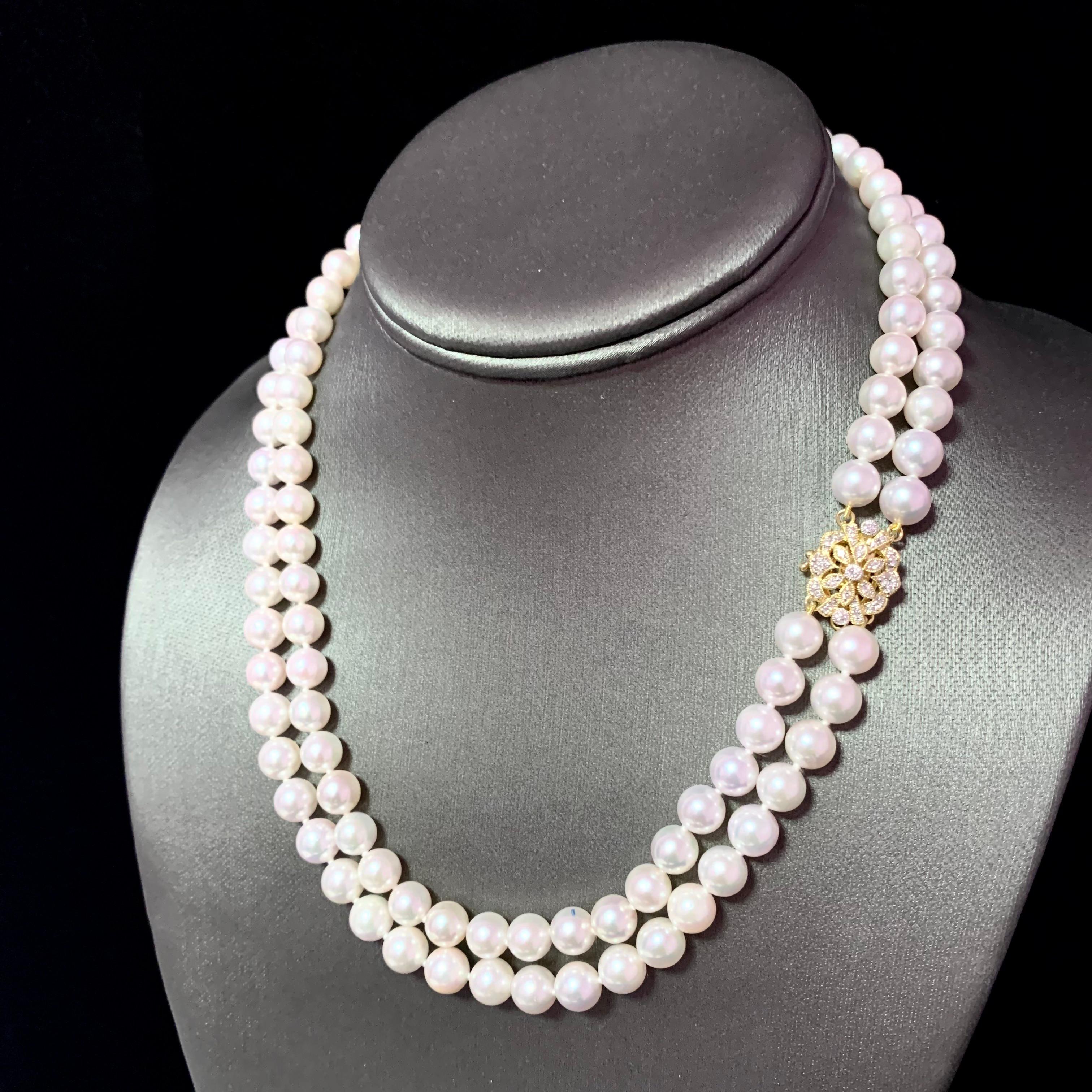 Diamond Akoya Pearl 2-Strand Necklace 14k Gold Certified For Sale 1
