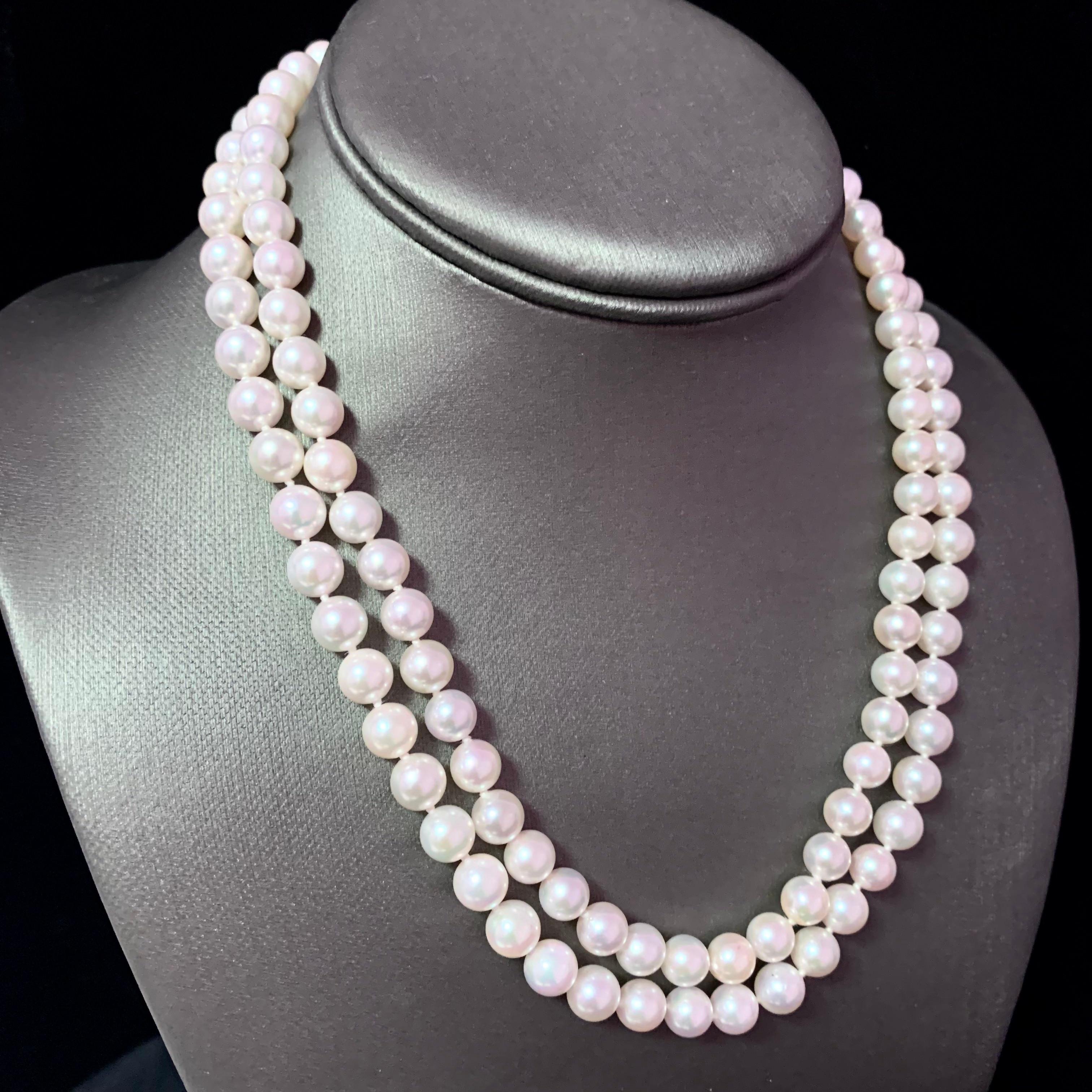 Diamond Akoya Pearl 2-Strand Necklace 14k Gold Certified For Sale 2