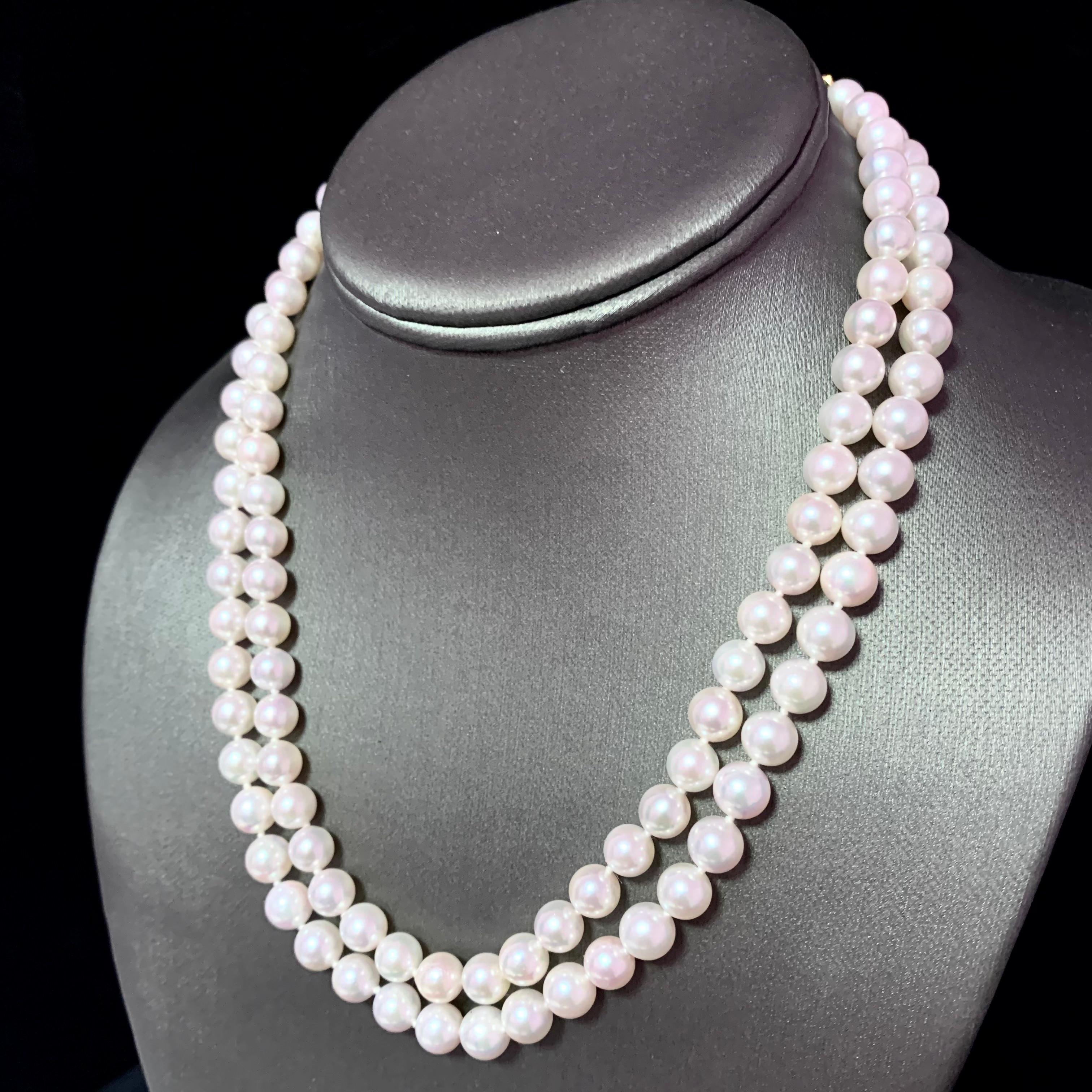 Diamond Akoya Pearl 2-Strand Necklace 14k Gold Certified For Sale 3