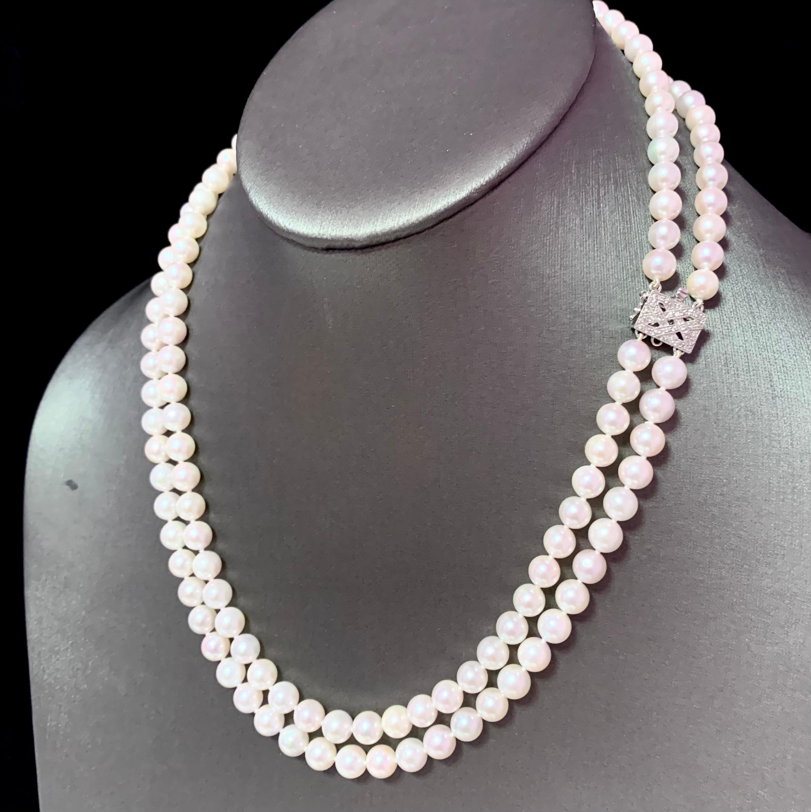 Diamond Akoya Pearl 2-Strand Necklace 18k Gold Certified For Sale 5