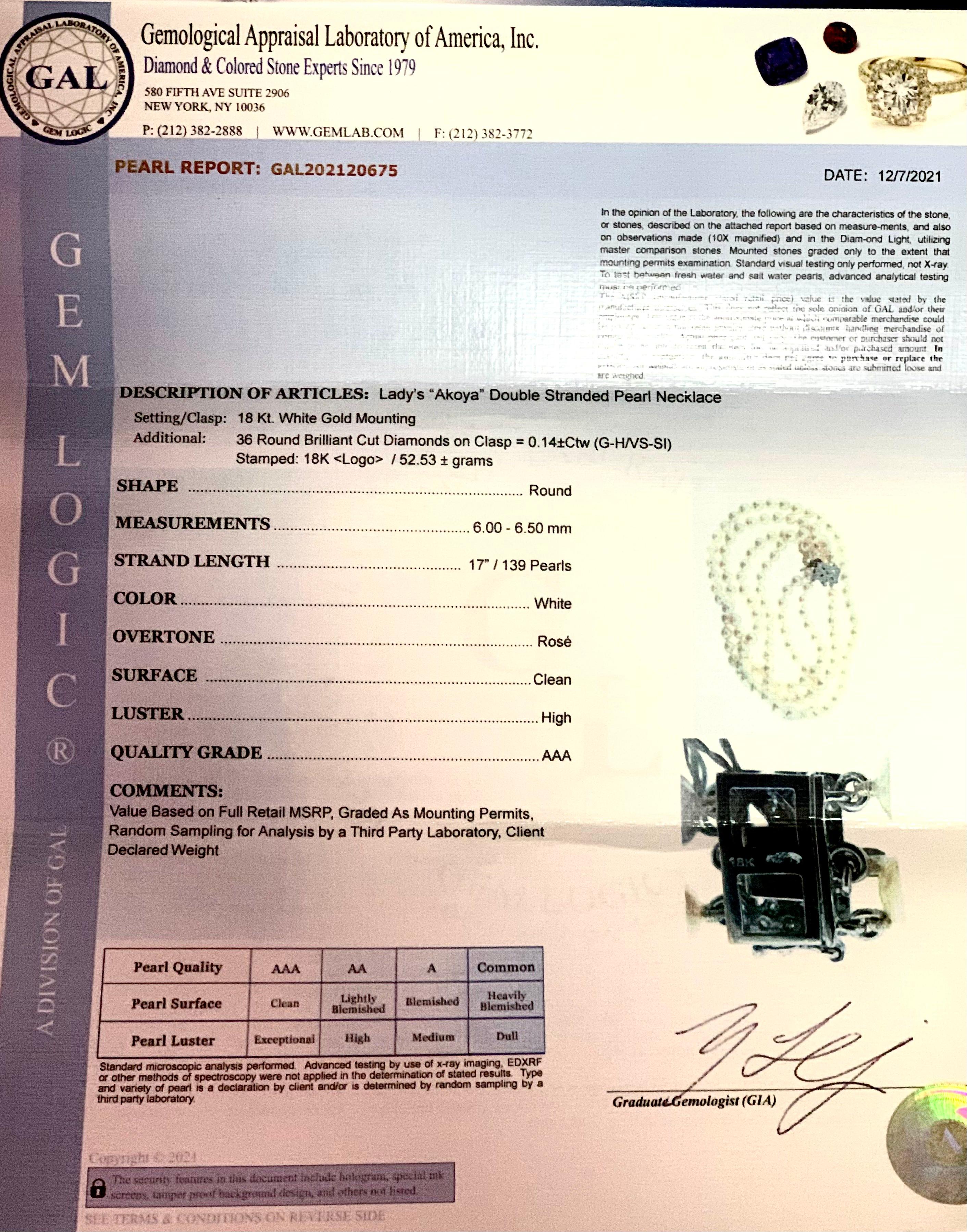 Diamant-Diamant- Akoya-Perle 2-Strand-Halskette 18k Gold 6,5 mm zertifiziert im Angebot 6