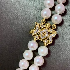 Diamant-Diamant- Akoya-Perle 2-Strand-Halskette 18k Gold 6,5 mm zertifiziert