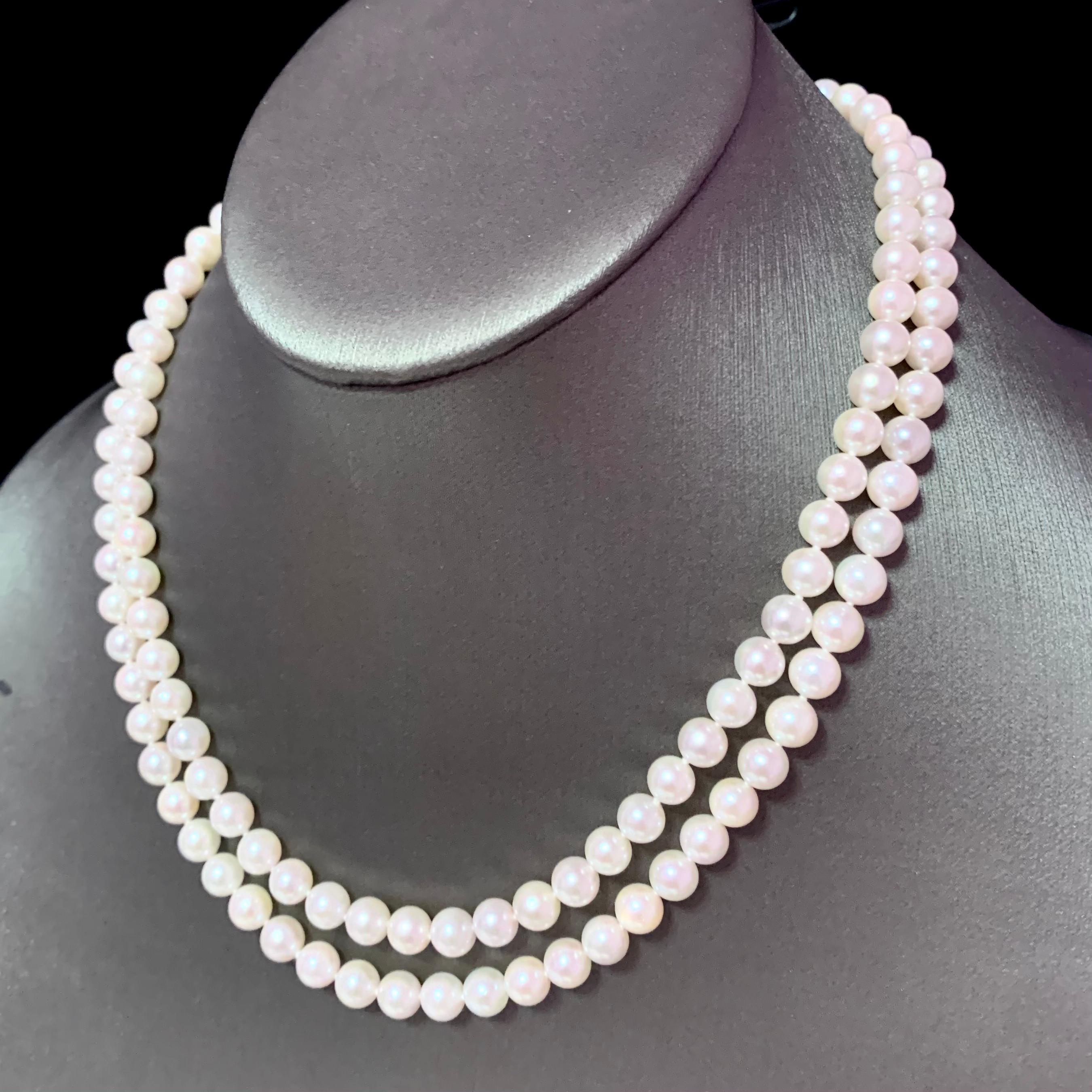 Diamant-Diamant- Akoya-Perle 2-Strand-Halskette 18k Gold 6,5 mm zertifiziert im Zustand „Neu“ im Angebot in Brooklyn, NY