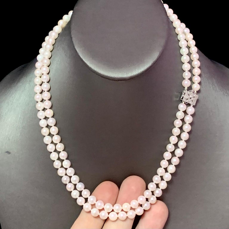 Diamond Akoya Pearl 2Strand Necklace 18k Gold 6.5 mm Certified For