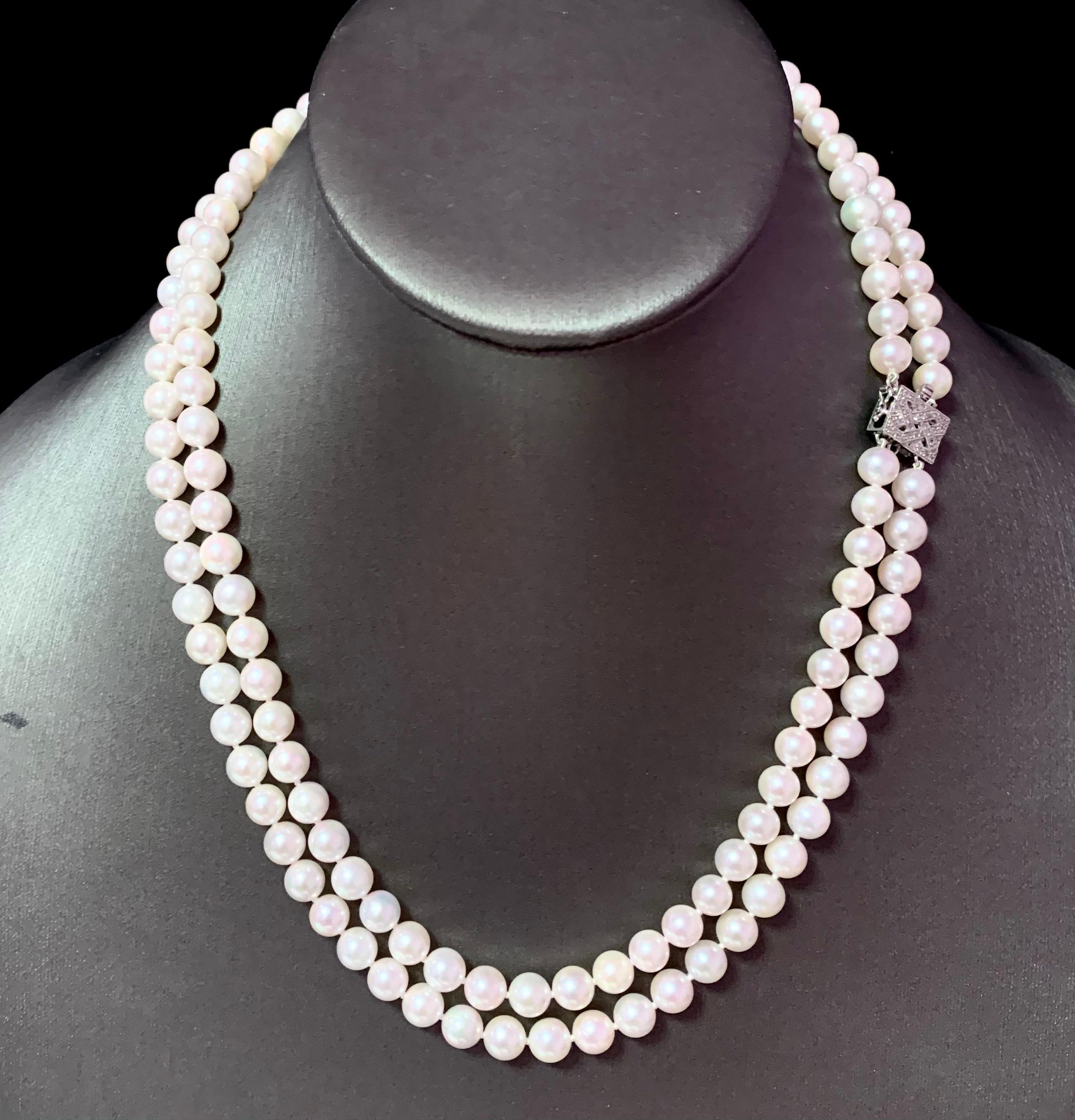Diamant-Diamant- Akoya-Perle 2-Strand-Halskette 18k Gold 6,5 mm zertifiziert im Angebot 1