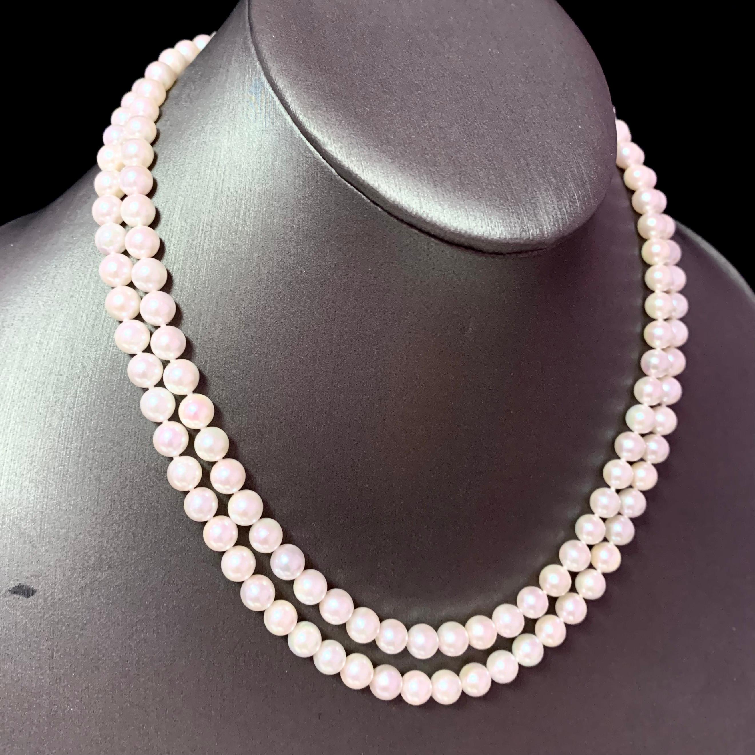 Diamant-Diamant- Akoya-Perle 2-Strand-Halskette 18k Gold 6,5 mm zertifiziert im Angebot 1
