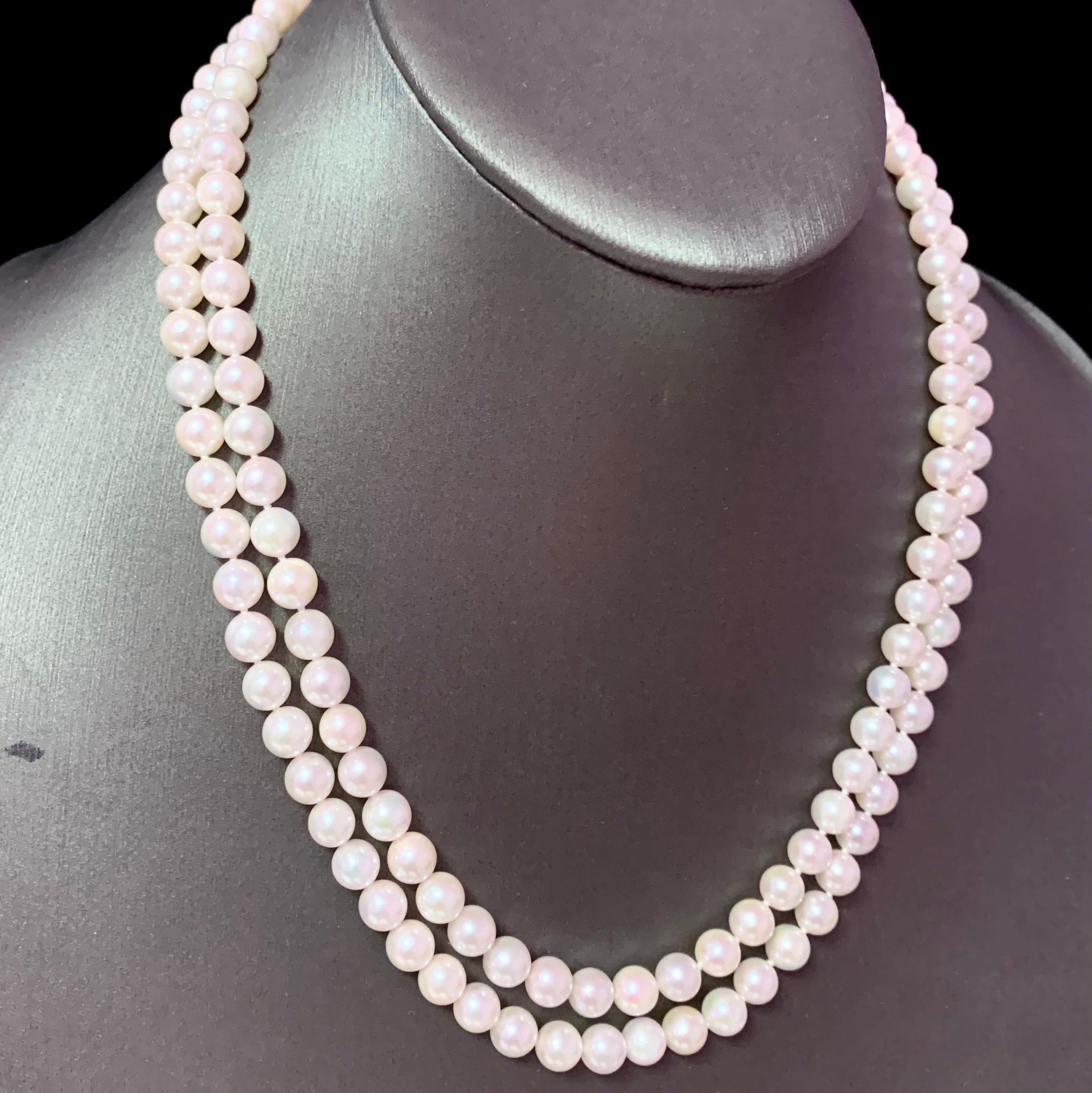 Diamant-Diamant- Akoya-Perle 2-Strand-Halskette 18k Gold 6,5 mm zertifiziert im Angebot 2