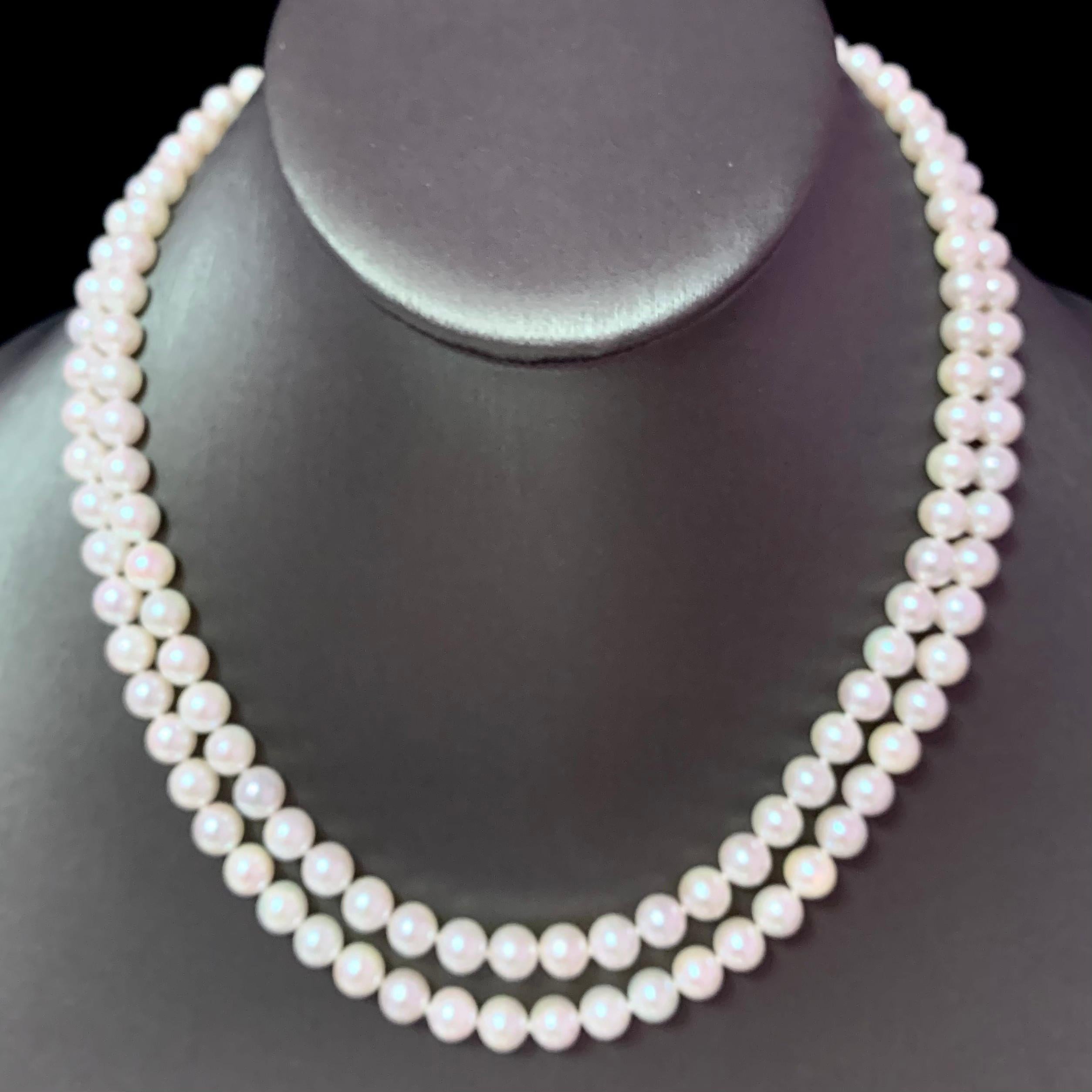 Diamant-Diamant- Akoya-Perle 2-Strand-Halskette 18k Gold 6,5 mm zertifiziert im Angebot 2
