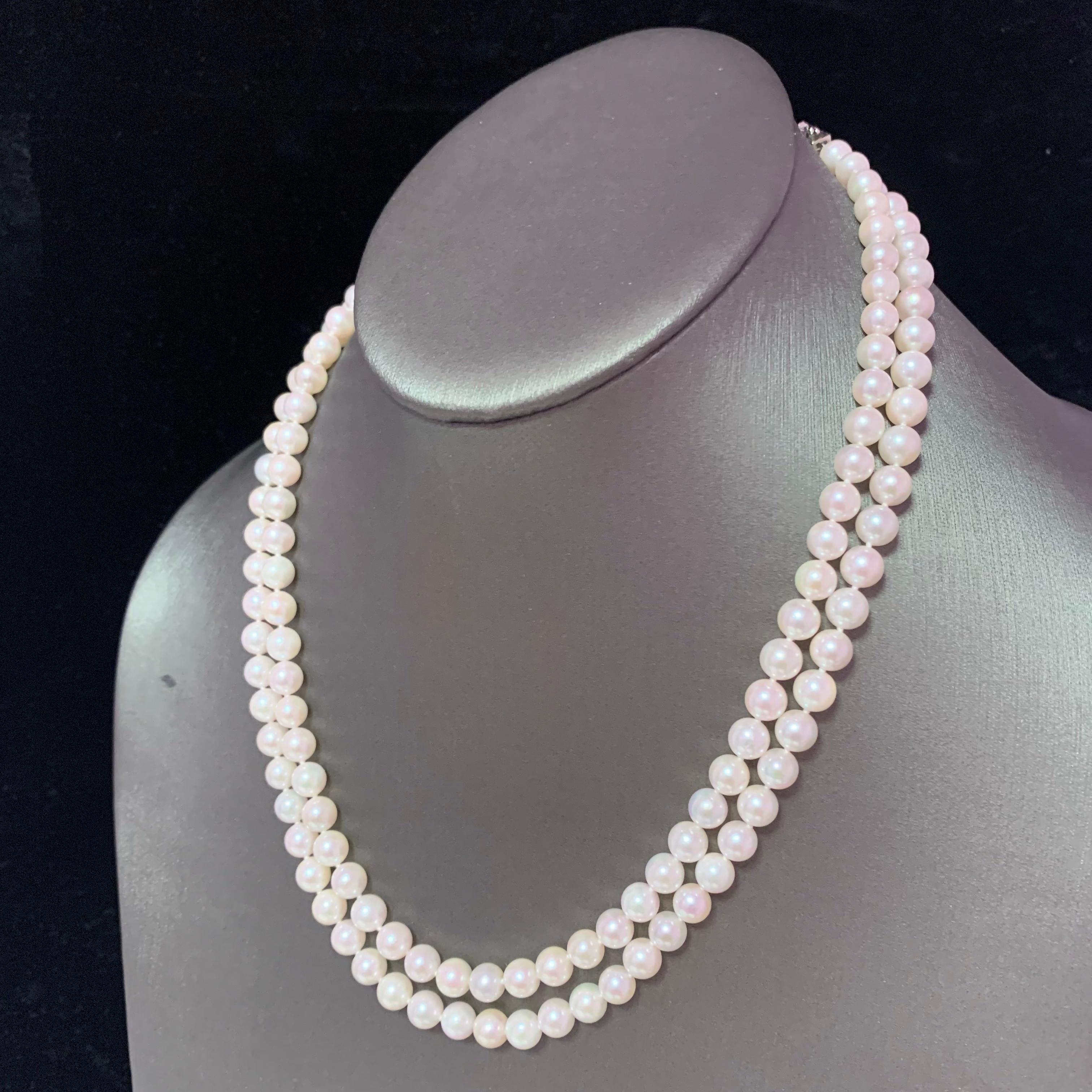 Diamond Akoya Pearl 2-Strand Necklace 18k Gold Certified For Sale 3