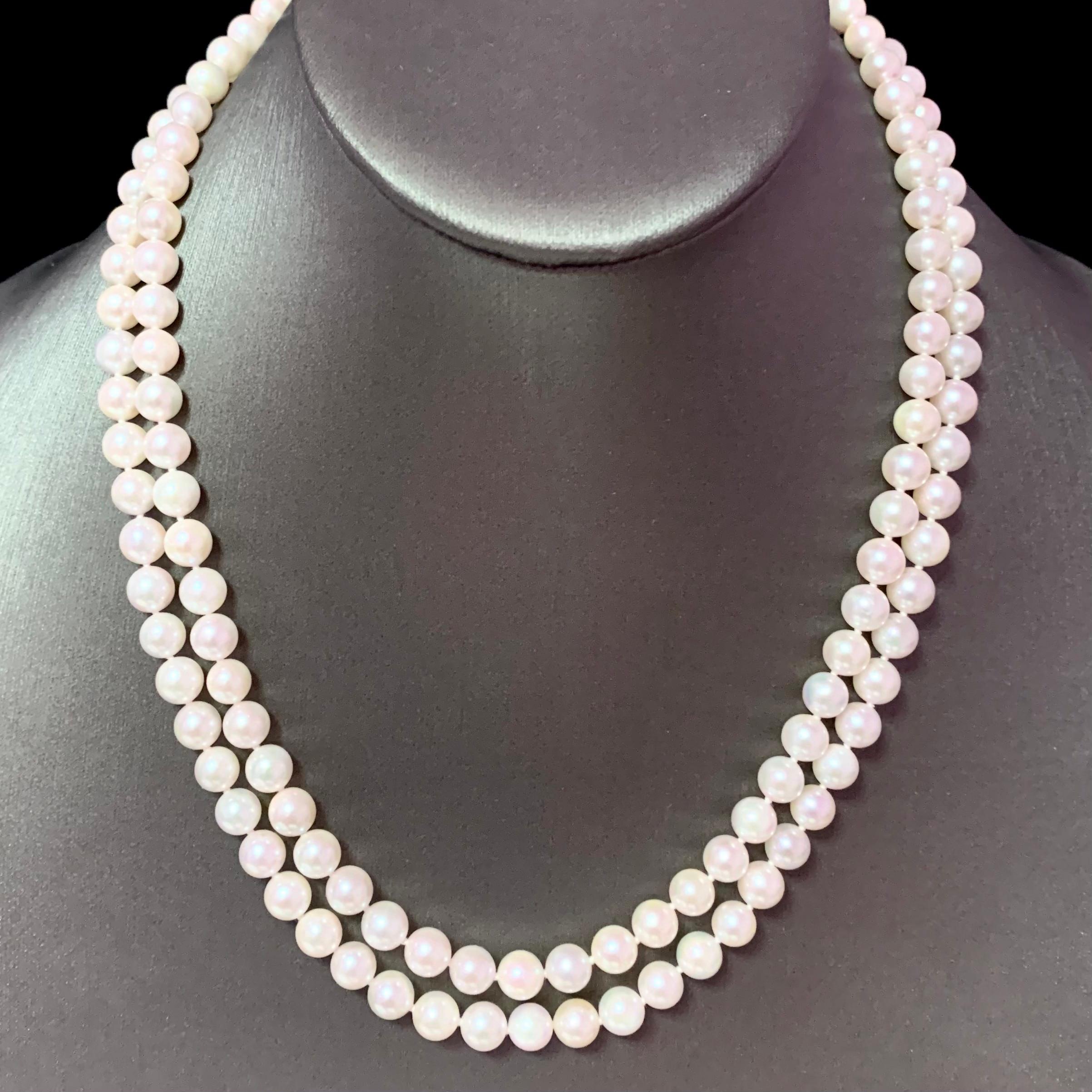 Diamant-Diamant- Akoya-Perle 2-Strand-Halskette 18k Gold 6,5 mm zertifiziert im Angebot 4