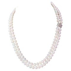 Diamond Akoya Pearl 2-Strand Necklace 18k Gold 6.5 mm Certified