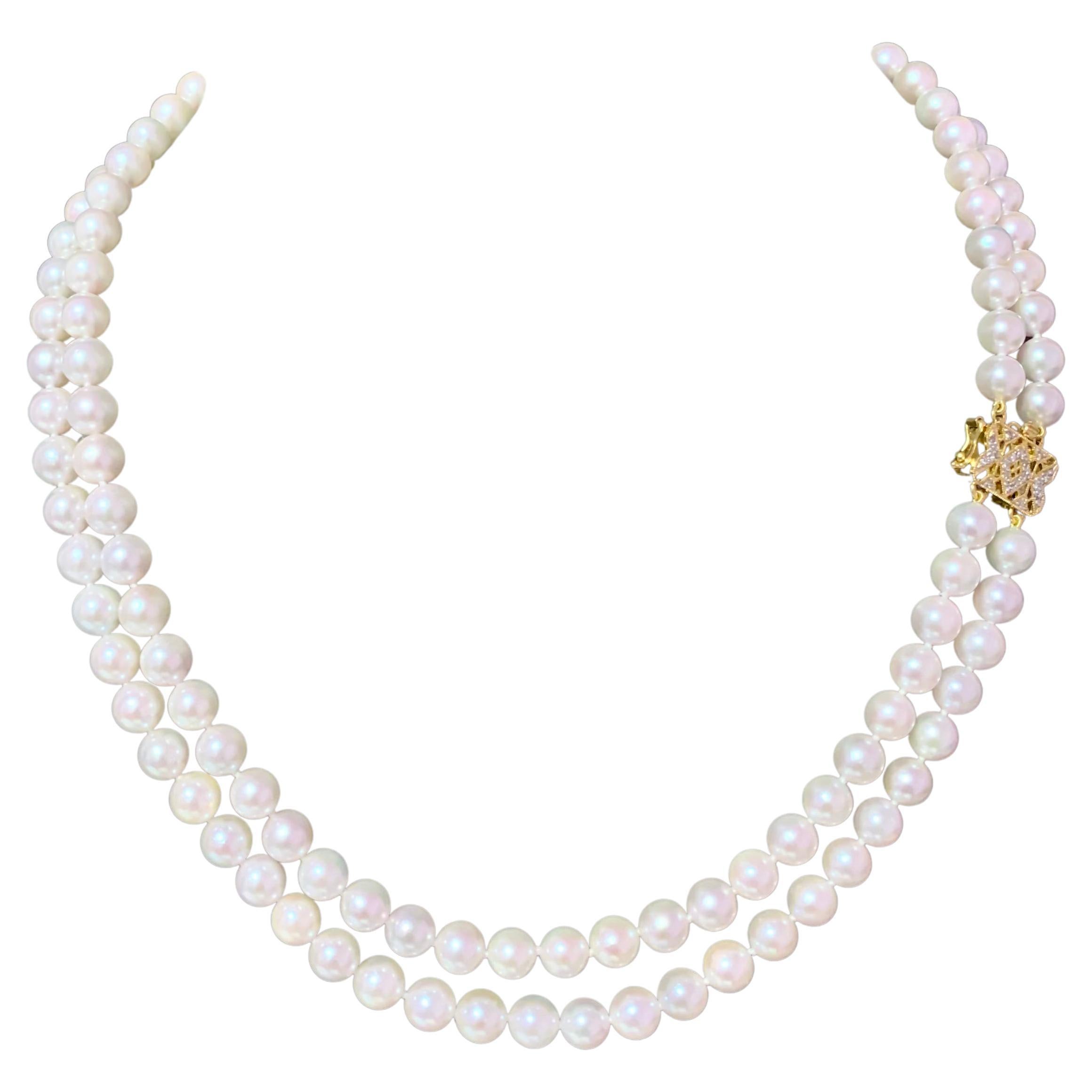 Diamond Akoya Pearl 2-Strand Necklace 18k Gold Certified For Sale
