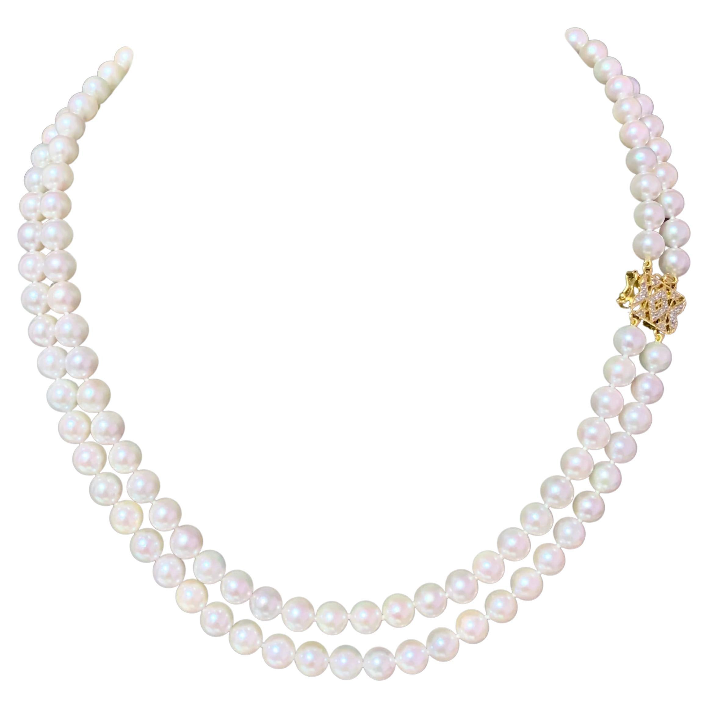 Collier à 2 rangs de perles Akoya en or 18 carats avec diamants certifiés 6,5 mm