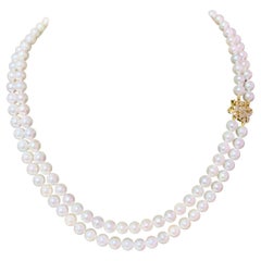 Diamant-Diamant- Akoya-Perle 2-Strand-Halskette 18k Gold 6,5 mm zertifiziert