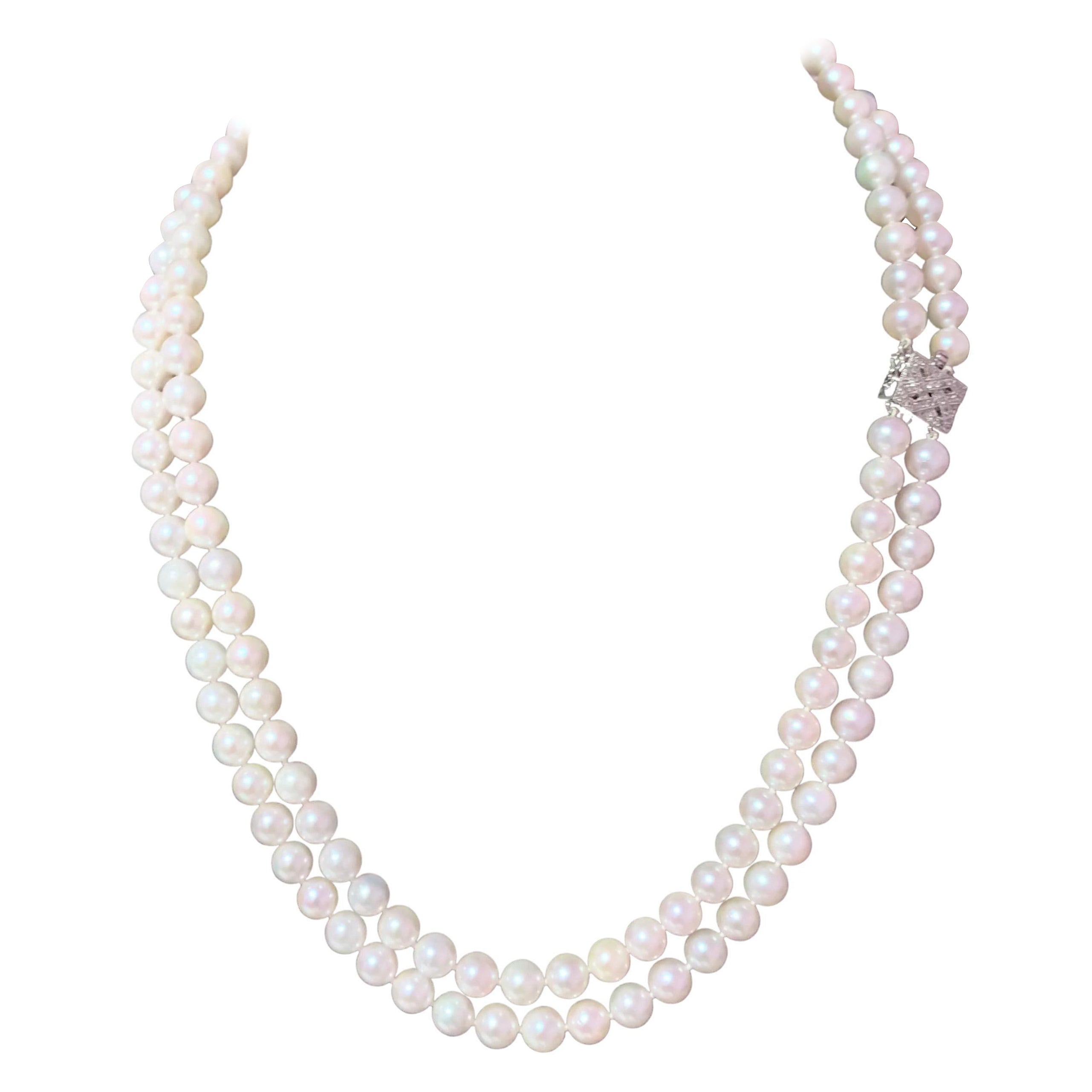 Collana a 2 fili di perle Akoya con diamanti e certificati in oro 18k