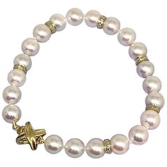 Diamond Akoya Pearl Bracelet 14 Karat Gold Certified