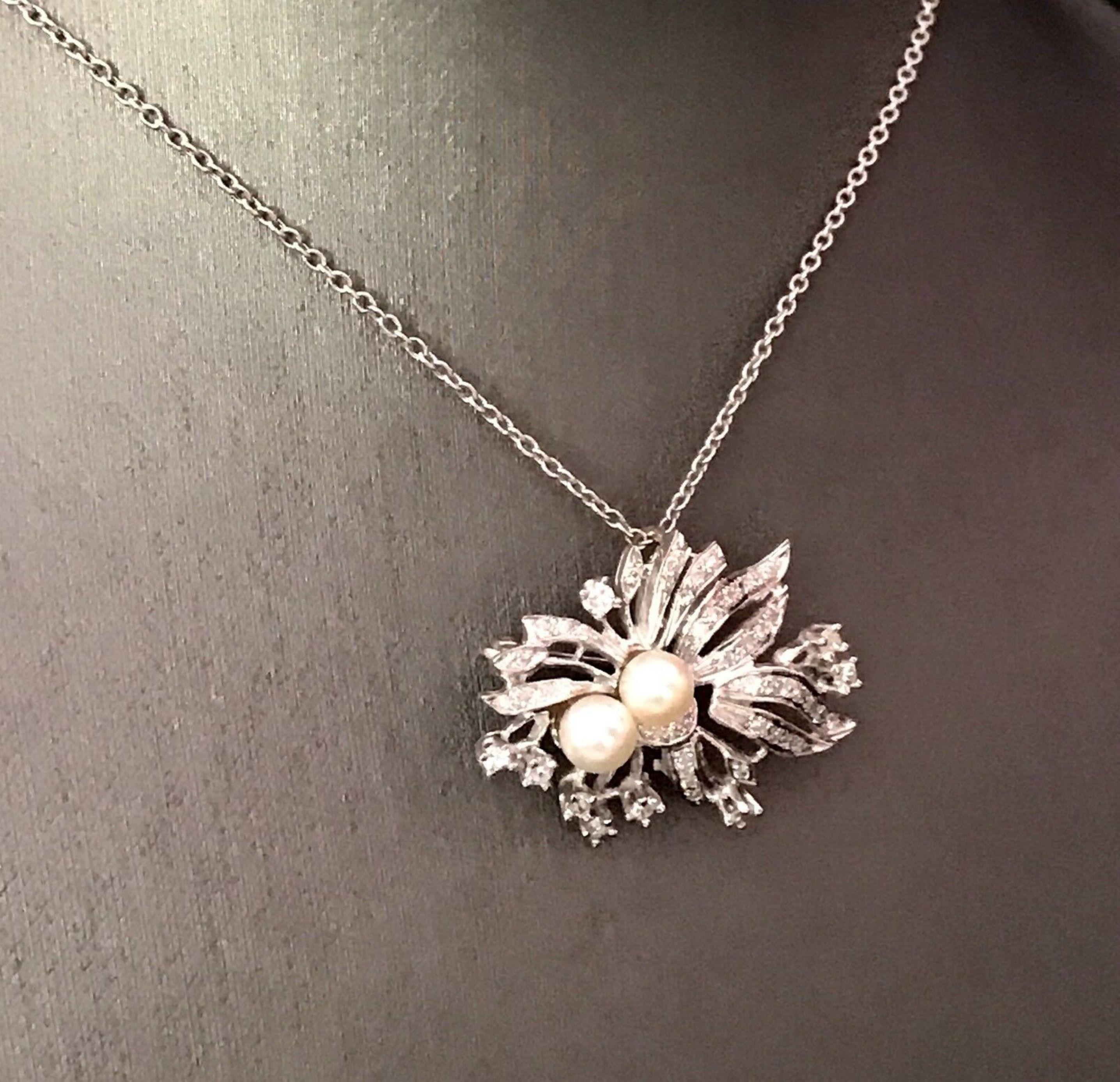 Collar Broche Diamante Perla Akoya Oro 14 Kilates Colgante Italia Certificado Corte redondo